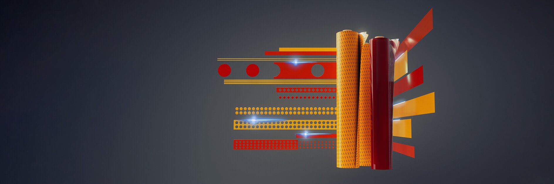 Abstract image featuring three vertically aligned, textured cylinders in red and orange. Background includes geometric patterns with circles and lines in red and orange hues on a dark gray backdrop. Throughout the composition, tesa tape adds subtle detailing by creating fine linear elements that enhance the overall cohesiveness of the artwork. (This text has been generated by AI)