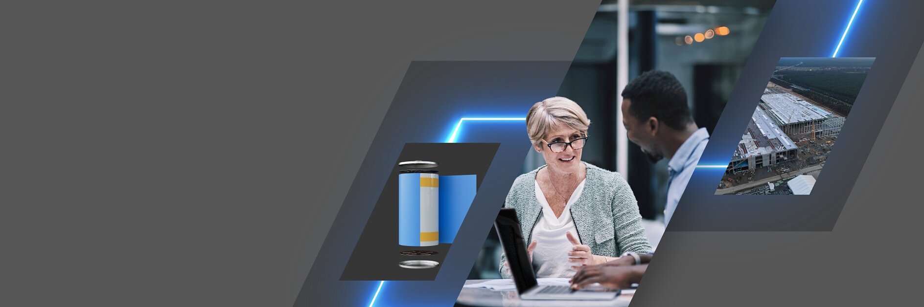 A businesswoman and a businessman are talking at a table with a laptop. To the left, images of a battery and a construction site are integrated into the design. The background is predominantly gray with blue geometric accents.