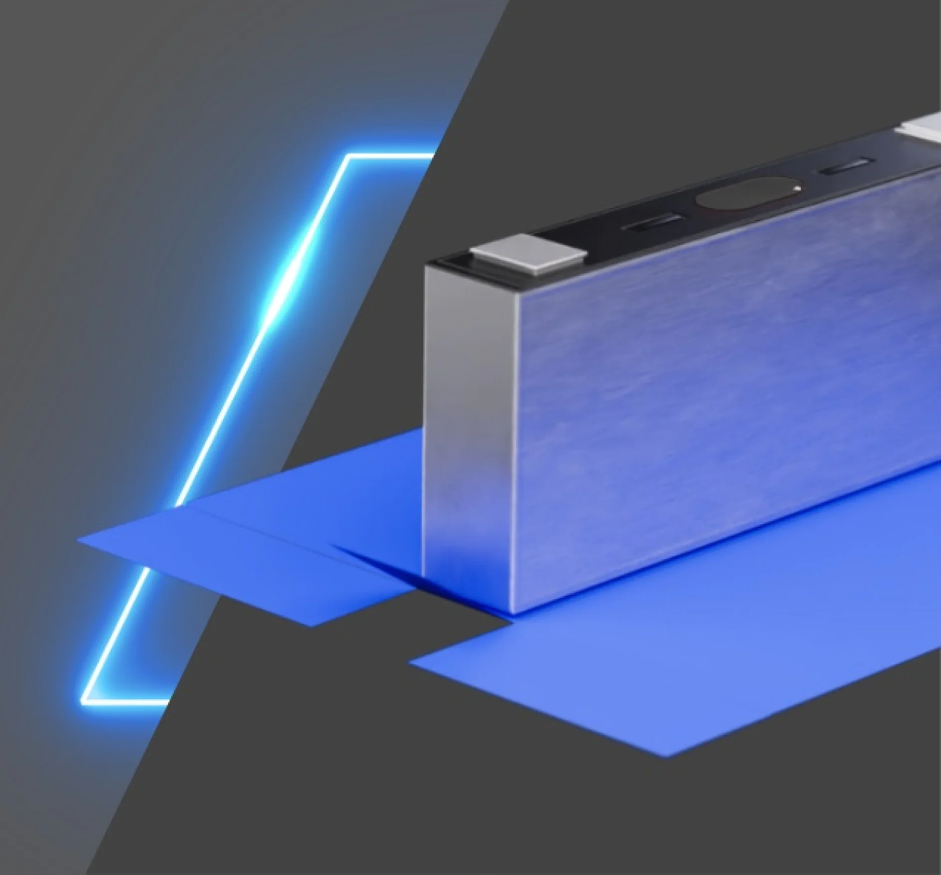 A silver rectangular object, resembling a battery, rests on overlapping blue sheets secured with tesa tape. A glowing blue line forms a geometric shape in the images upper left corner. The background is a gradient of gray. (This text has been generated by AI)