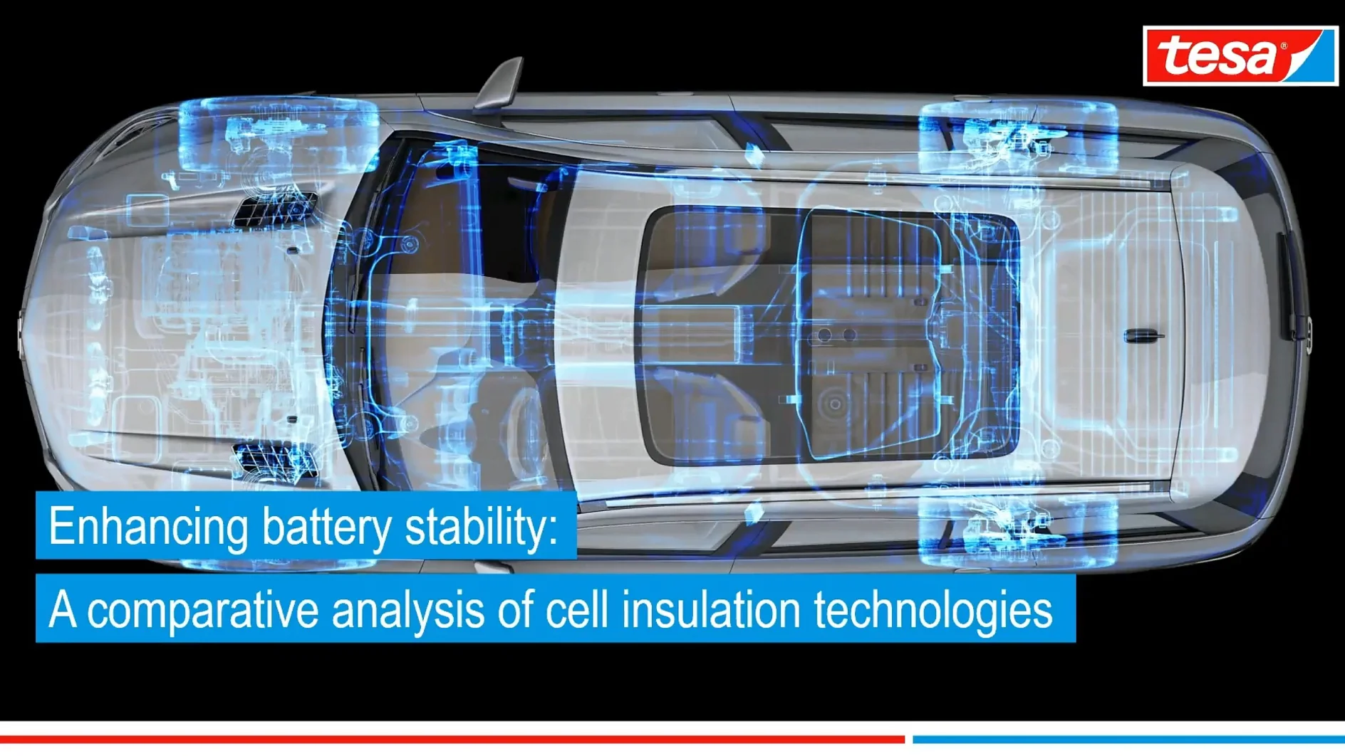 Top view of a vehicles interior and battery system with blue highlights, illustrating battery-related components. Text reads: Enhancing battery stability: A comparative analysis of cell insulation technologies using tesa tape. tesa logo in the top right. (This text has been generated by AI)