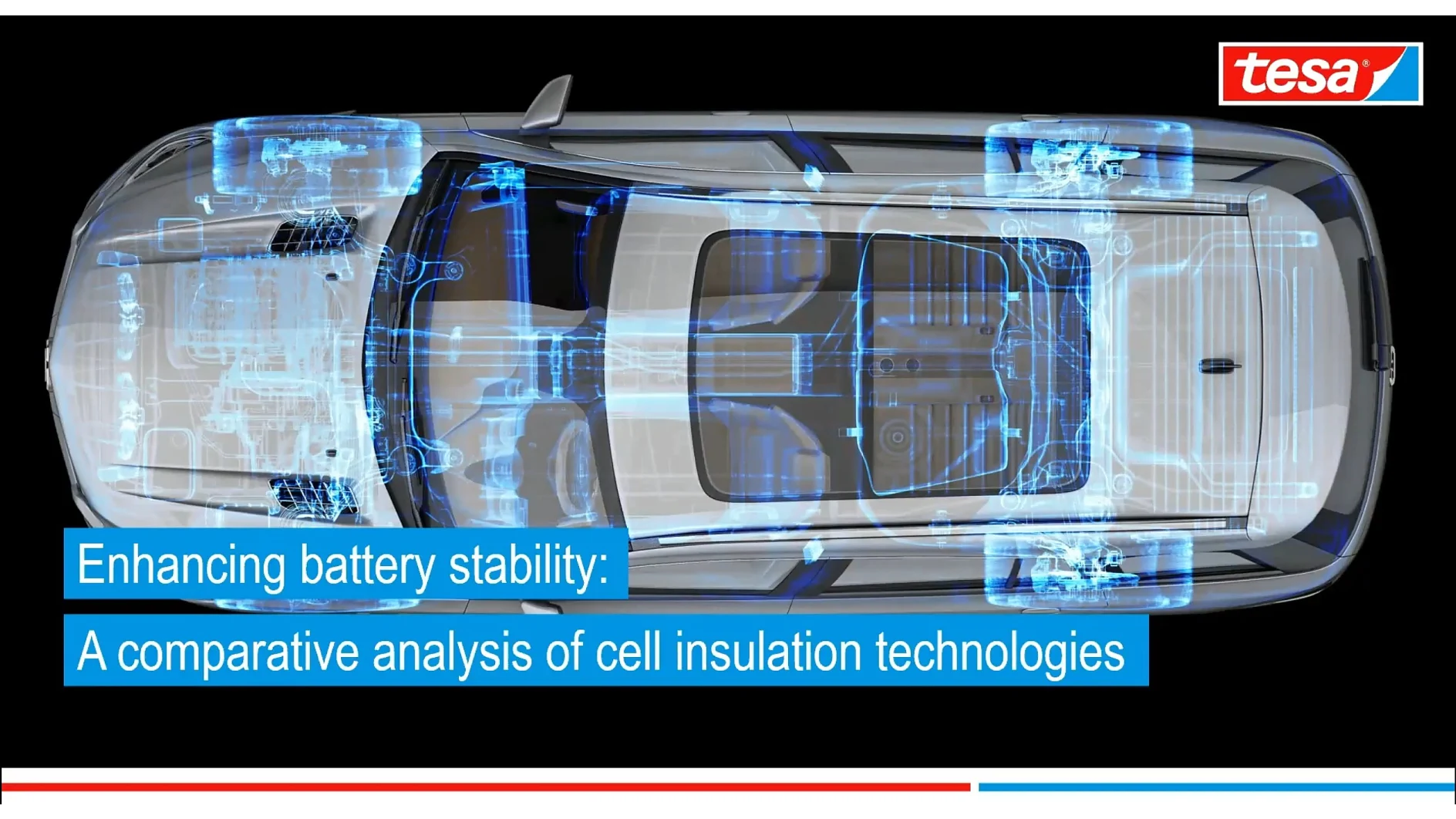Top view of a vehicles interior and battery system with blue highlights, illustrating battery-related components. Text reads: Enhancing battery stability: A comparative analysis of cell insulation technologies using tesa tape. tesa logo in the top right. (This text has been generated by AI)