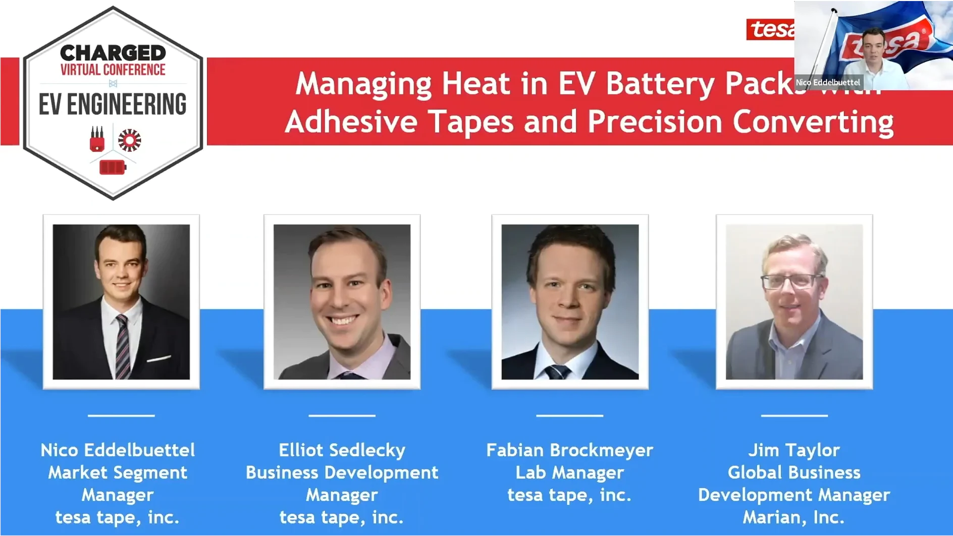 Slide titled Managing Heat in EV Battery Packs: tesa Tape and Precision Coatings from Tesa. Features photos of Nico Edelbueettel, Elliot Sedlecky, Fabian Brockmeyer, and Glen Gorden, with their titles and company, tesa Tape, Inc. (This text has been generated by AI)