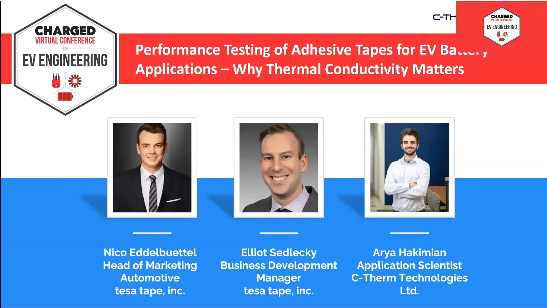 Title slide for a presentation on Performance Testing of Adhesive tesa Tapes for EV Battery Applications. It features three speakers: Nico Eddlebuettel, Elliot Sedelcsky, and Arya Hakimian, with their photos and titles. (This text has been generated by AI)