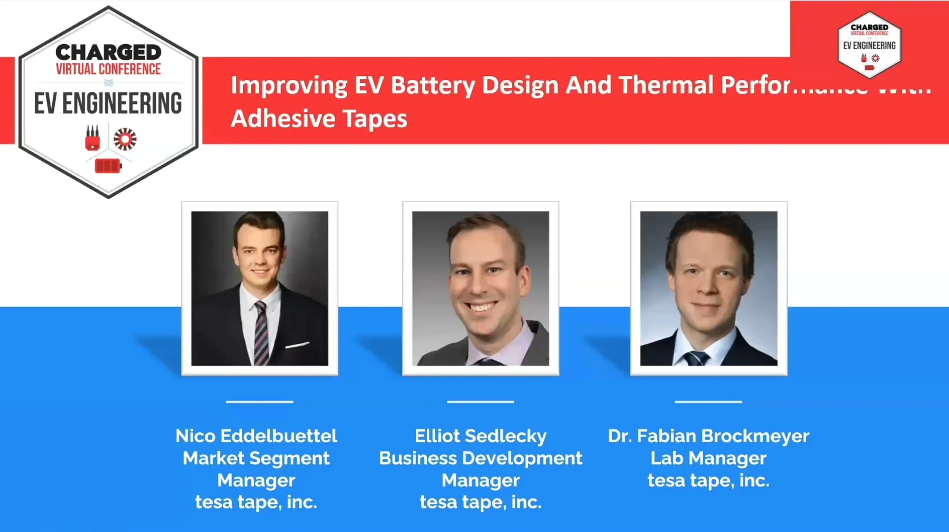 Presentation slide titled Improving EV Battery Design And Thermal Performance With Adhesive tesa Tape. Features photos of Nico Eddelbuettel, Elliot Sedlecky, and Dr. Fabian Bromberger, identified with their names, titles, and company, tesa tape, inc. (This text has been generated by AI)