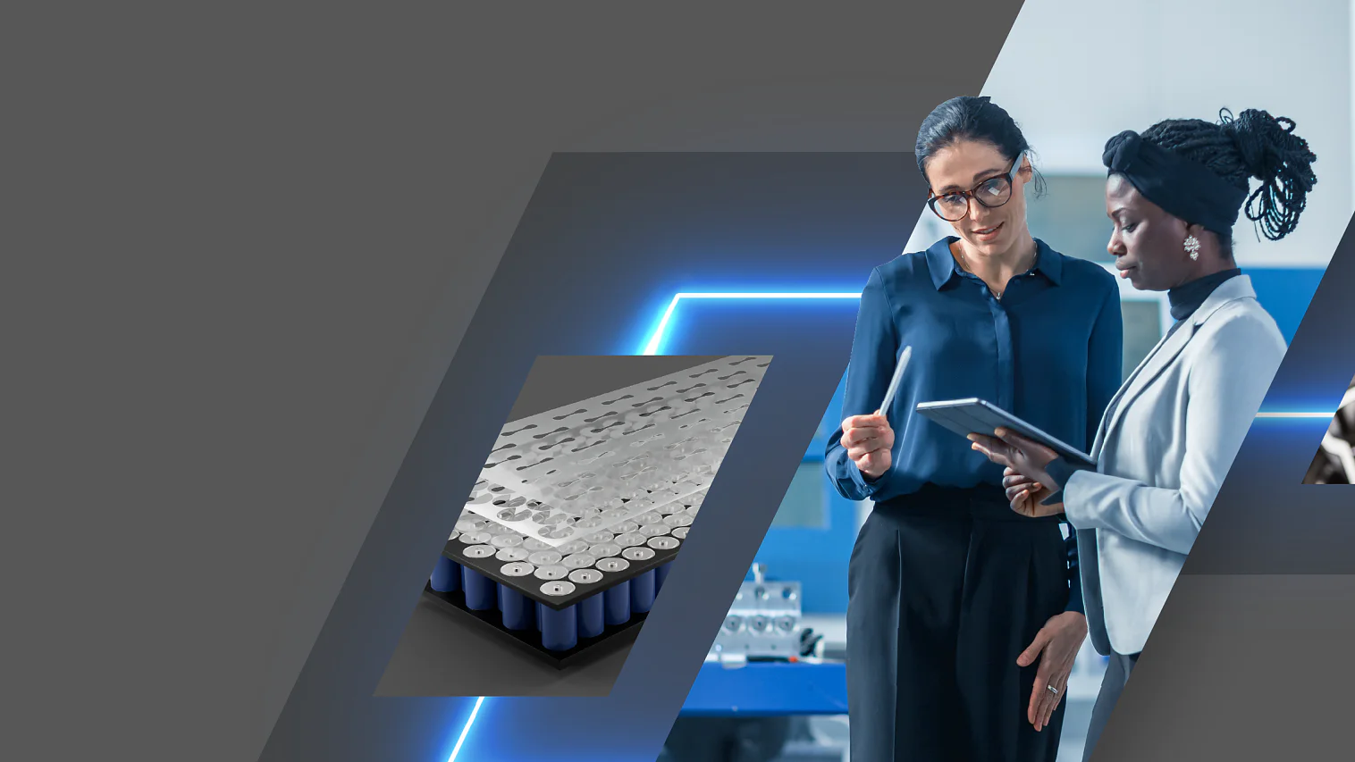TES302201_LED-Front_Quad_RZ_3840x2160px_20230308 Two professionals are reviewing information on a tablet. To the left, an image of a grid-like metallic structure is displayed, and to the right, a close-up of a car wheel using tesa tape for secure attachment. The background is gray with blue accents. (This text has been generated by AI)