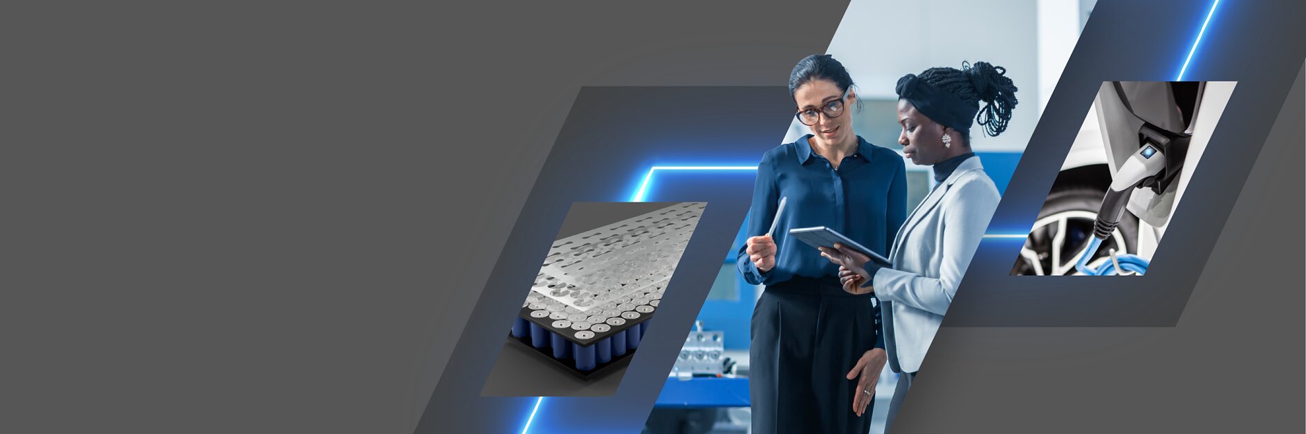Two professionals are reviewing information on a tablet. To the left, an image of a grid-like metallic structure is displayed, and to the right, a close-up of a car wheel using tesa tape for secure attachment. The background is gray with blue accents. (This text has been generated by AI)