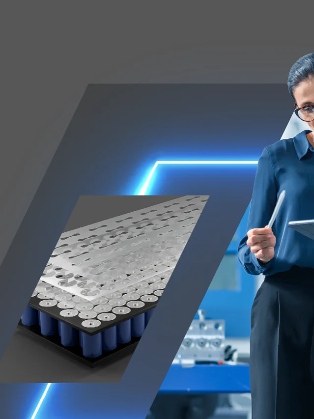 Two professionals are reviewing information on a tablet. To the left, an image of a grid-like metallic structure is displayed, and to the right, a close-up of a car wheel using tesa tape for secure attachment. The background is gray with blue accents. (This text has been generated by AI)