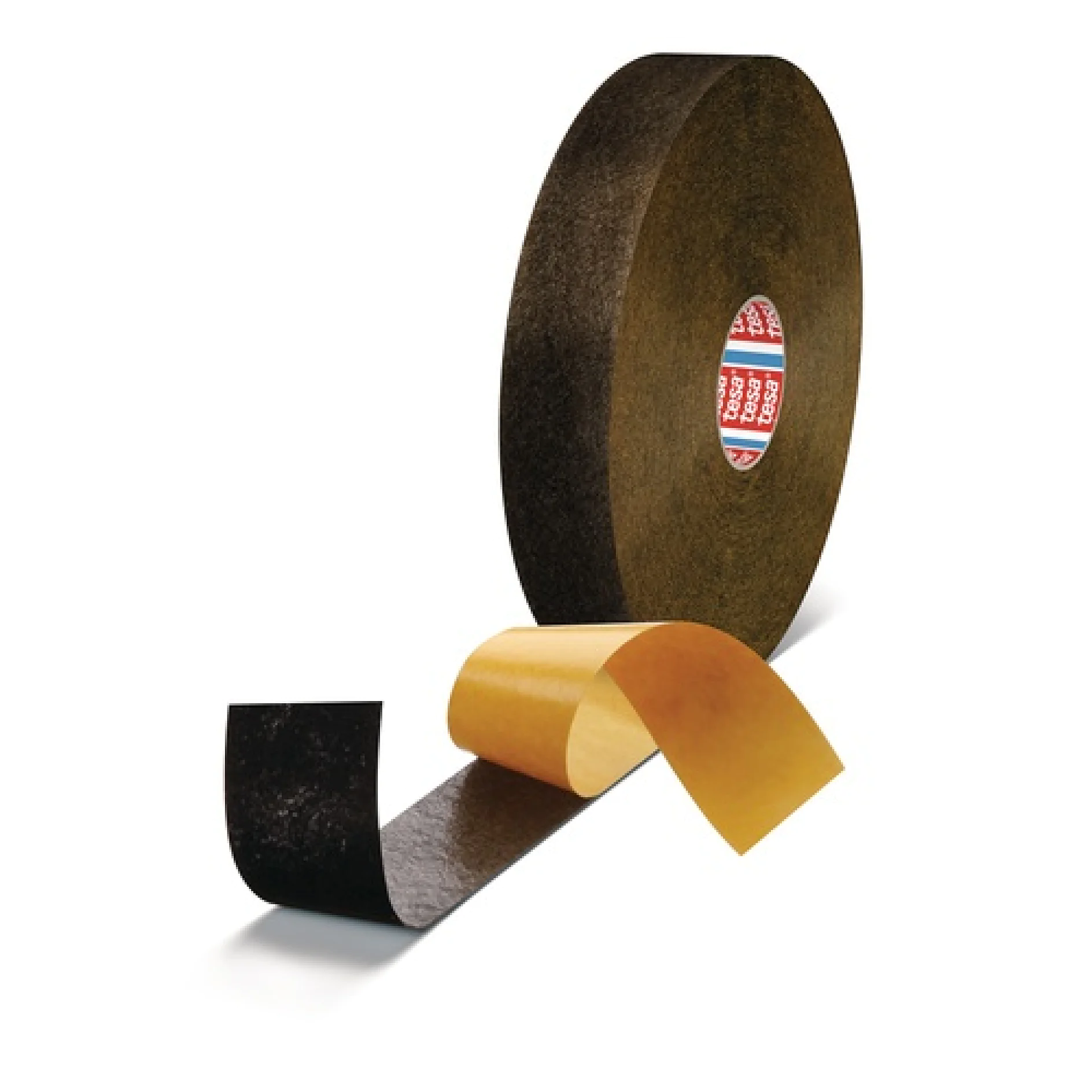 A large roll of black tesa tape is positioned upright. A strip of the tesa tape is pulled out, showing a brown backing that is partially peeled away, revealing the adhesive underside. (This text has been generated by AI)