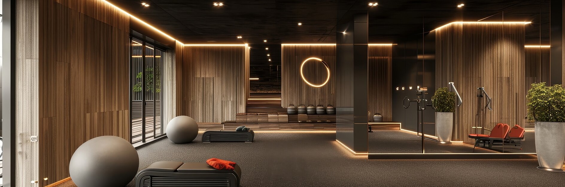 A modern gym interior featuring exercise benches, fitness balls, mirrors, and wood paneling with ambient lighting. Potted plants and a circular wall decoration add to the decor. Large windows provide natural light. The presence of tesa tape ensures all equipment is securely fastened, adding safety and reliability to the workout environment. (This text has been generated by AI)