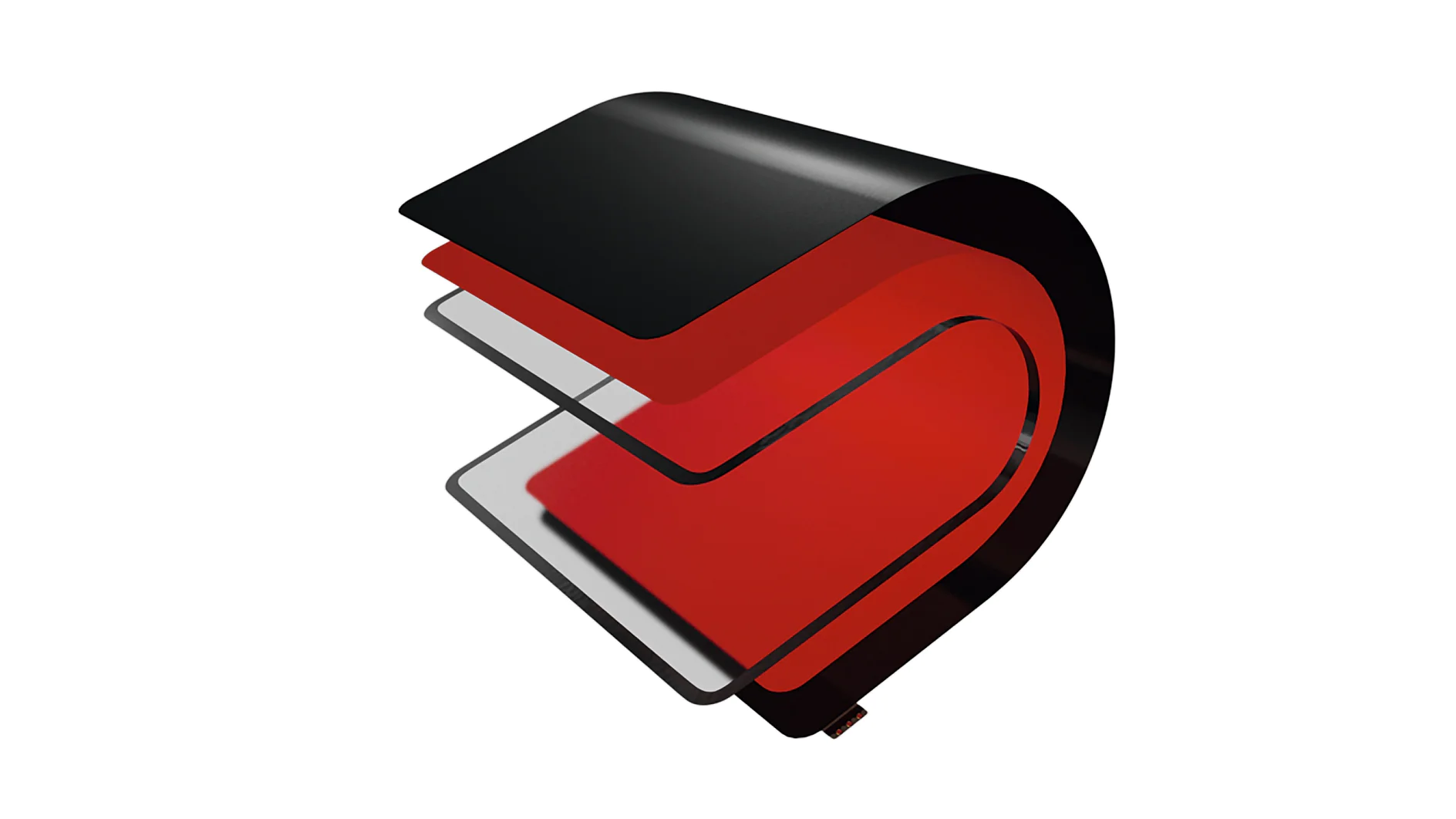 Abstract 3D rendering of layered, curved shapes in black and red against a white background. The design features two overlapping sections with a smooth, glossy appearance and rounded edges, creating a dynamic flow. (This text has been generated by AI)