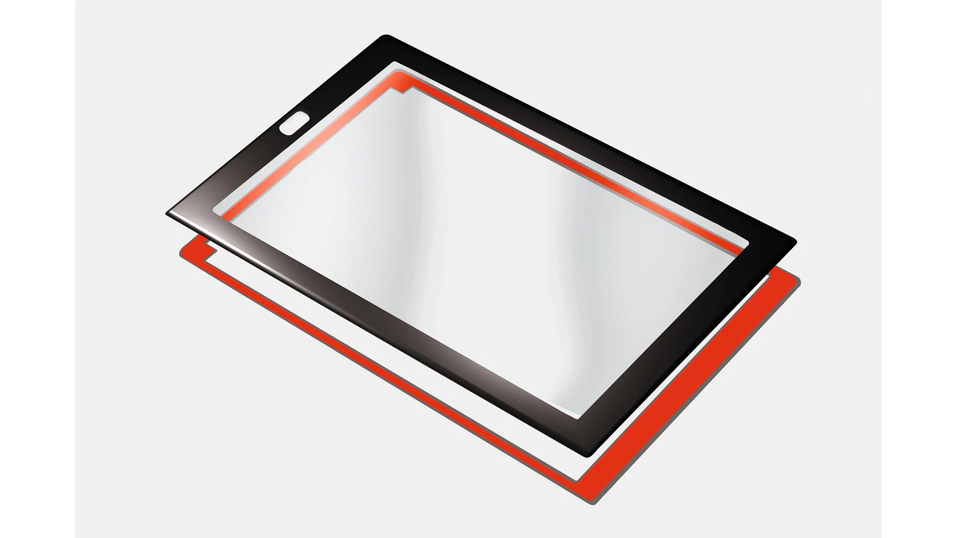 A diagram of a tablet screen assembly showing three layers: a black touchscreen panel on top, a transparent layer in the middle, and a red backing. The layers are displayed in a floating, separated formation against a light background, connected using tesa tape. (This text has been generated by AI)