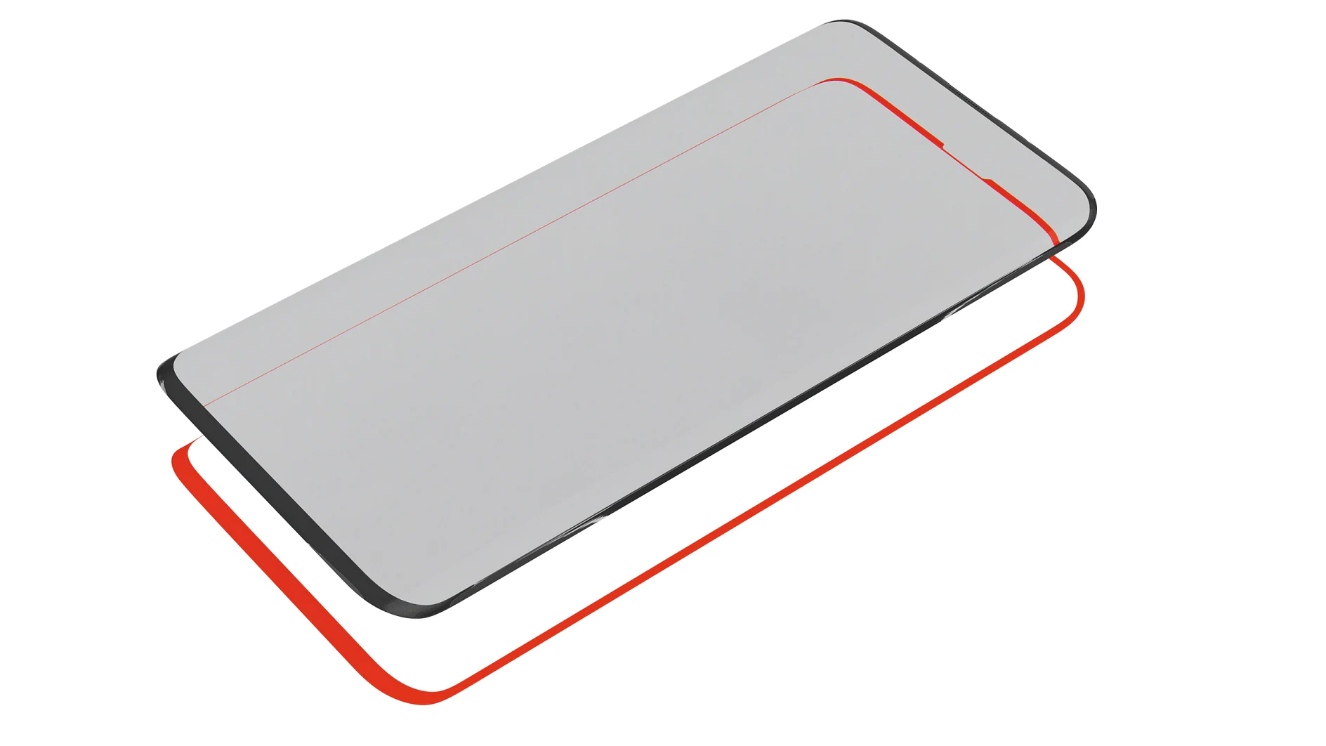 A digital rendering of a smartphone screen protector and a red alignment frame. The protector is clear and rectangular, with rounded corners, appearing to float above the frame. The alignment frame is positioned beneath, matching the screen’s shape. (This text has been generated by AI)