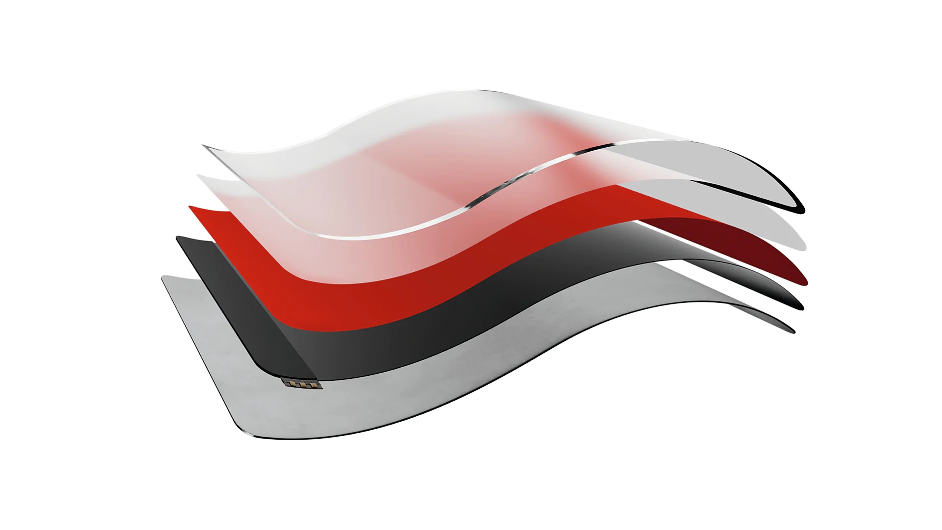 An abstract image of layered, wavy sheets in various colors: transparent, orange-red, black, and silver. The layers appear to be floating above each other, suggesting a sense of movement and depth with the use of tesa tape. (This text has been generated by AI)