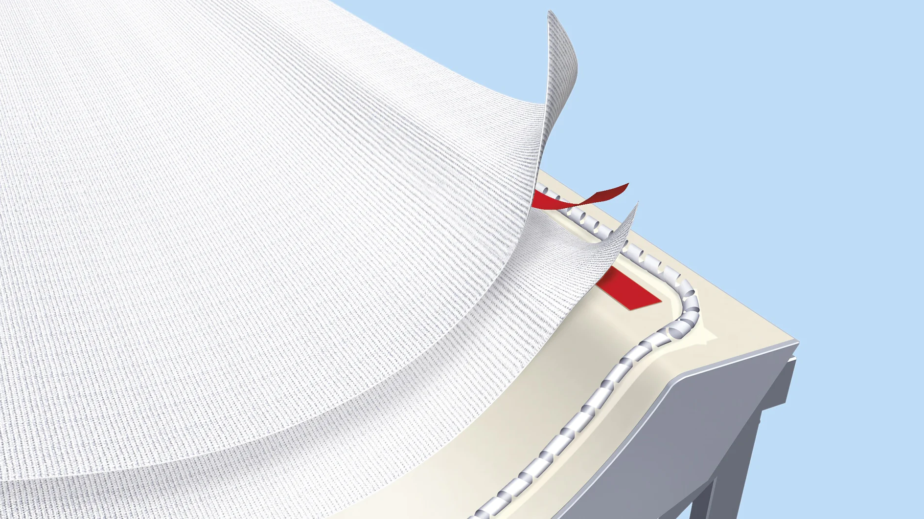 A close-up illustration of a layered construction showing three white fabric sheets, with two red tesa tape tabs underneath them. The scene is set against a light blue background. (This text has been generated by AI)