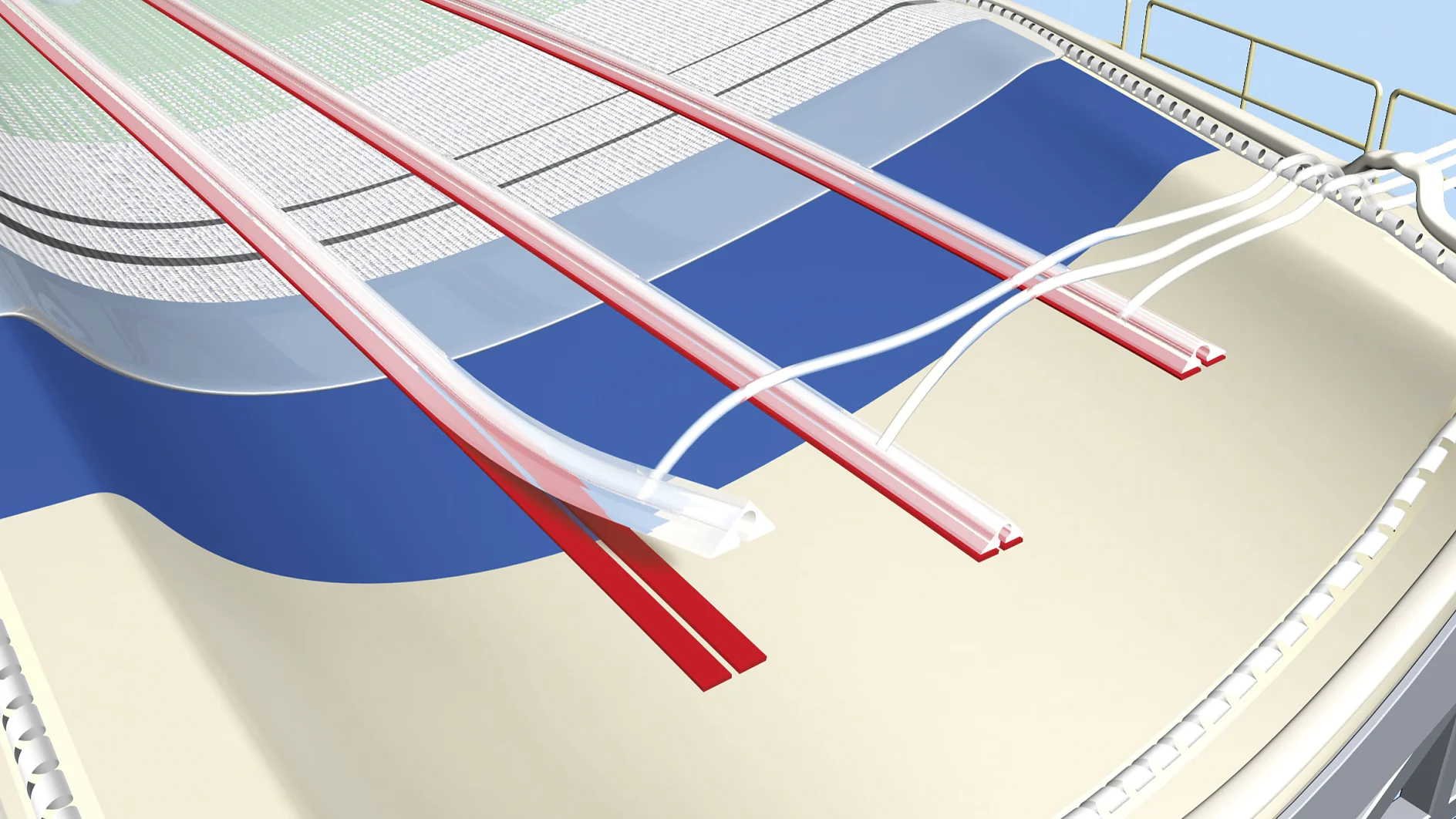 A digital rendering of a tank interior showing three vertical red pipes with white and blue accents. Attached are white cables featuring tesa tape leading to the pipes. A railing is visible on the upper right portion of the image. (This text has been generated by AI)