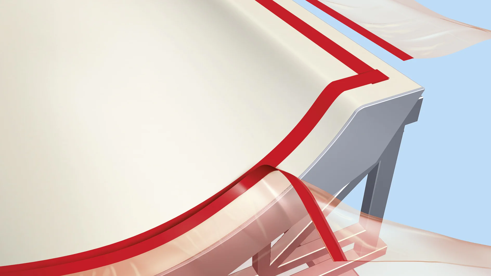 Close-up of a contoured white surface with red accents and curved shapes, resembling a futuristic or abstract design. Translucent red and white layers flow around the edges. The background is a pale blue. (This text has been generated by AI)