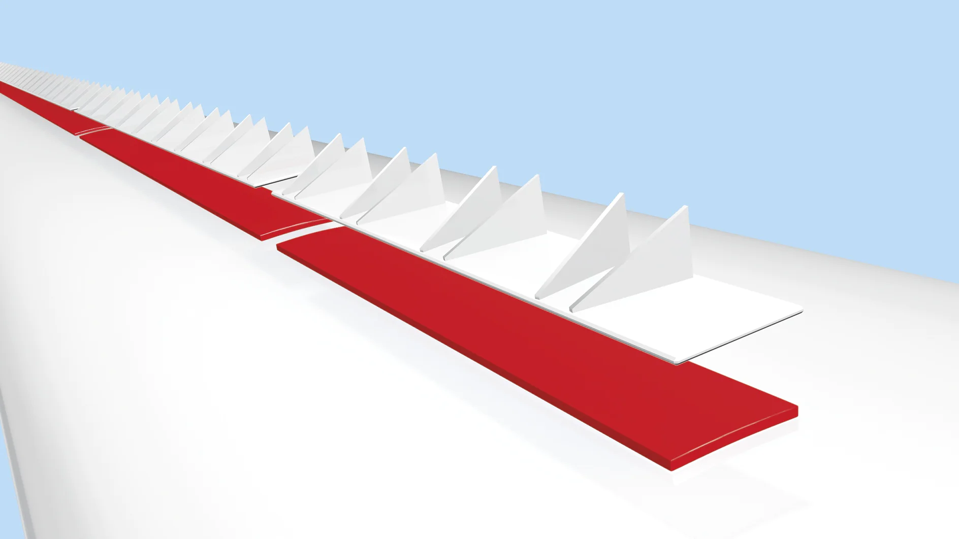 Close-up of a white surface featuring a series of small, triangular fin-like structures aligned in a row on a red stripe made using tesa tape. The background is light blue. (This text has been generated by AI)