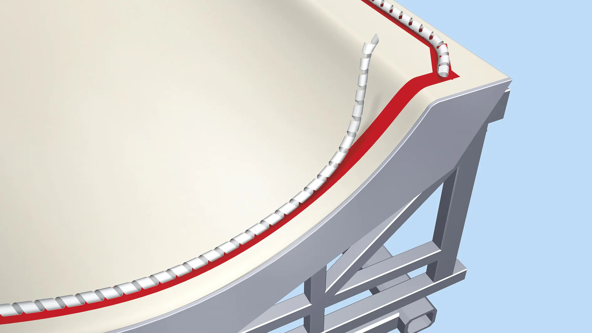 Illustration of a curved structure with a cross-sectional view, showing a thick white layer, a thin red line beneath it, and a segmented spiral of tesa tape encircling the edge. The structure is supported by a grey framework. Background is blue. (This text has been generated by AI)