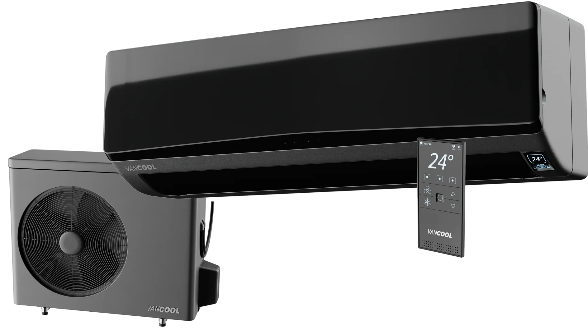 A sleek, modern air conditioning unit with a black finish is displayed alongside its external unit and a remote control showing a temperature of 24°C. The brand name on both units is VANCOLD. (This text has been generated by AI)
