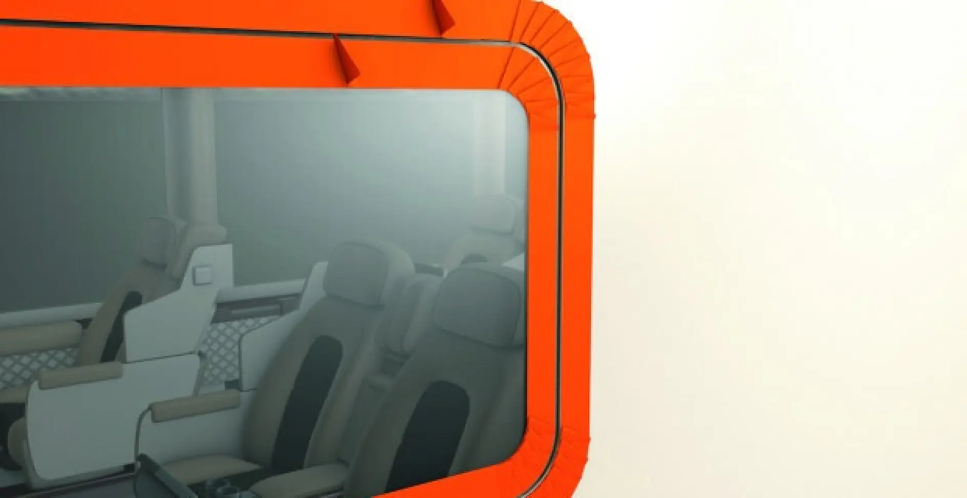 tesa branded orange-framed window showing a foggy interior with several empty airplane seats inside a cabin (This text has been generated by AI)
