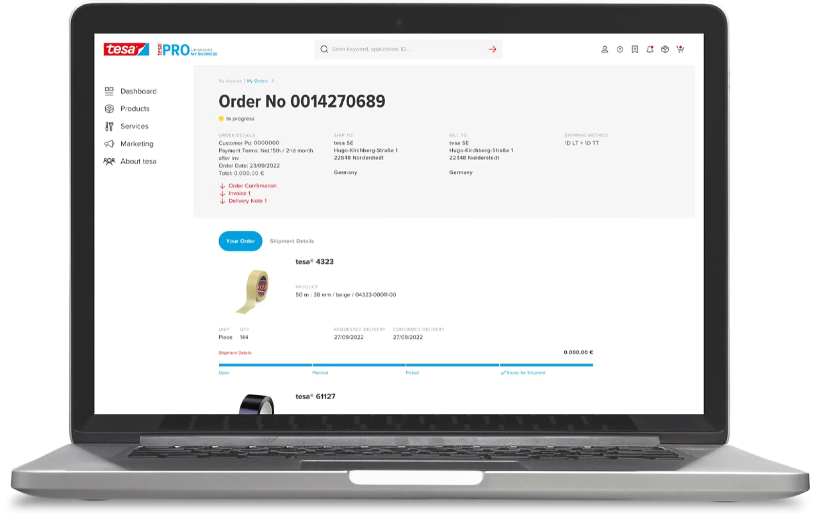 A laptop displays an order confirmation screen for Order No 0014270689 from the tesa Pro website. The screen shows shipping details, including delivery to Germany and a total amount of 99.00€. (This text has been generated by AI)