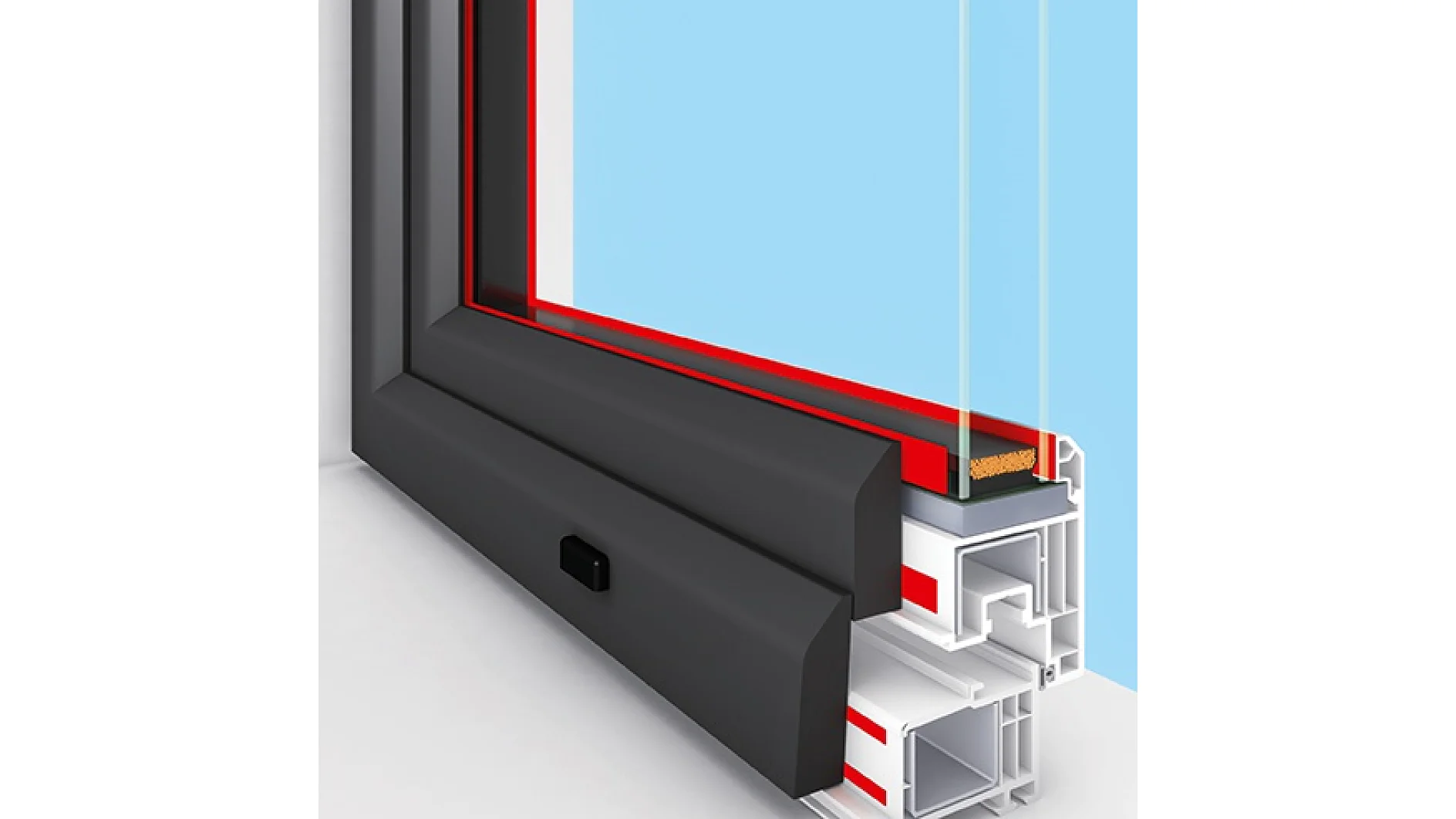 Cross-section view of a modern window with multiple frames and double glazing. The frames are black on the exterior and white inside, featuring visible insulation and a small black locking mechanism. tesa tape is used for improved sealing around the edges. The glass is shown against a blue background. (This text has been generated by AI)