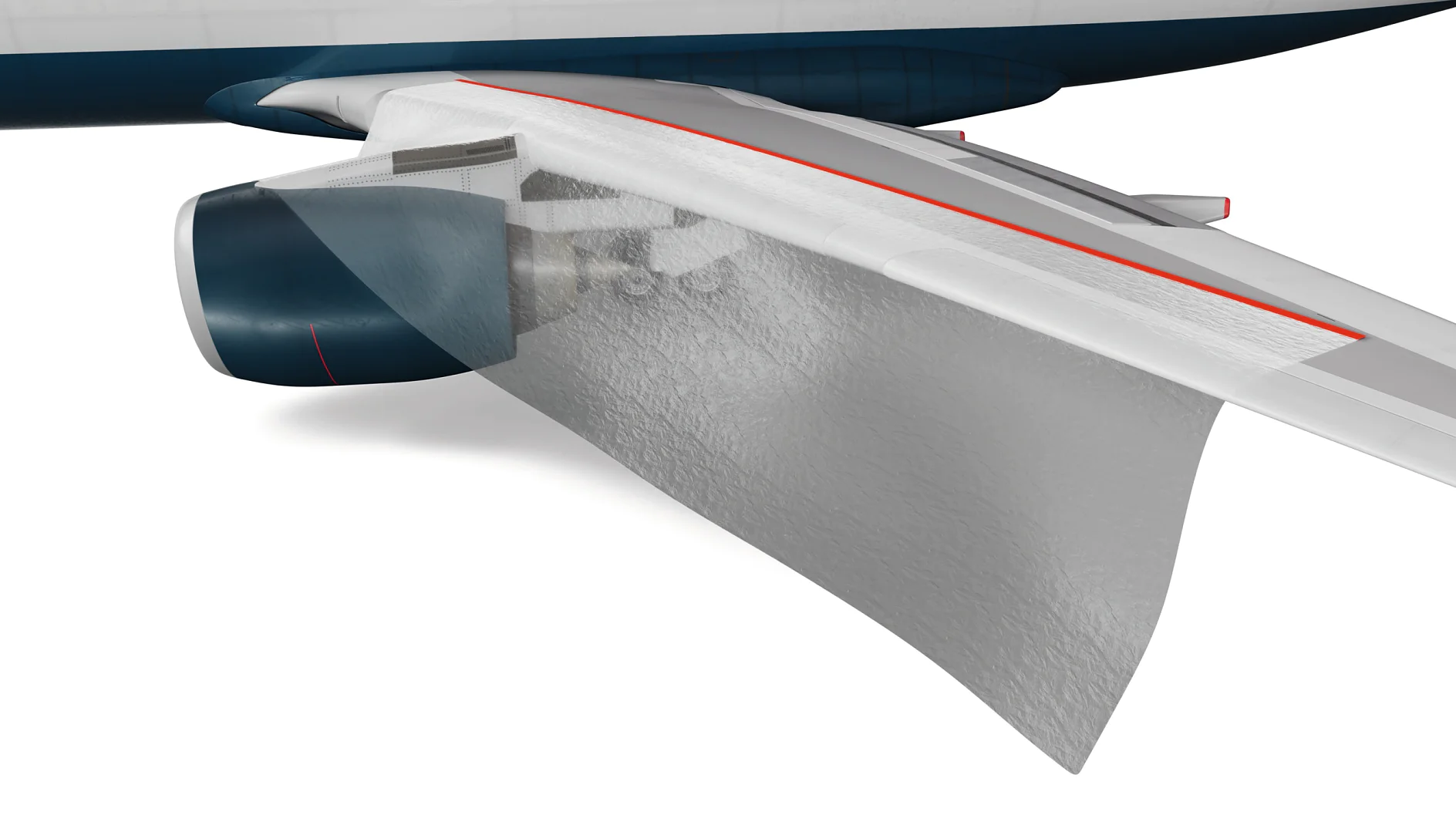 tesa adhesive tape applied under airplane wing near engine, demonstrating secure attachment in an aviation context (This text has been generated by AI)