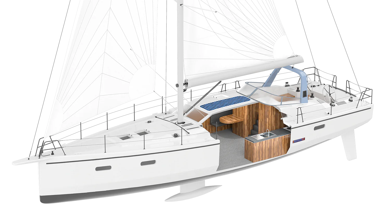 Illustration of a modern sailboat with white sails, a sleek design, and a wood-paneled deck. The yacht features an outdoor seating area, a small kitchenette, and safety railings. The hull is white with minimal details. (This text has been generated by AI)