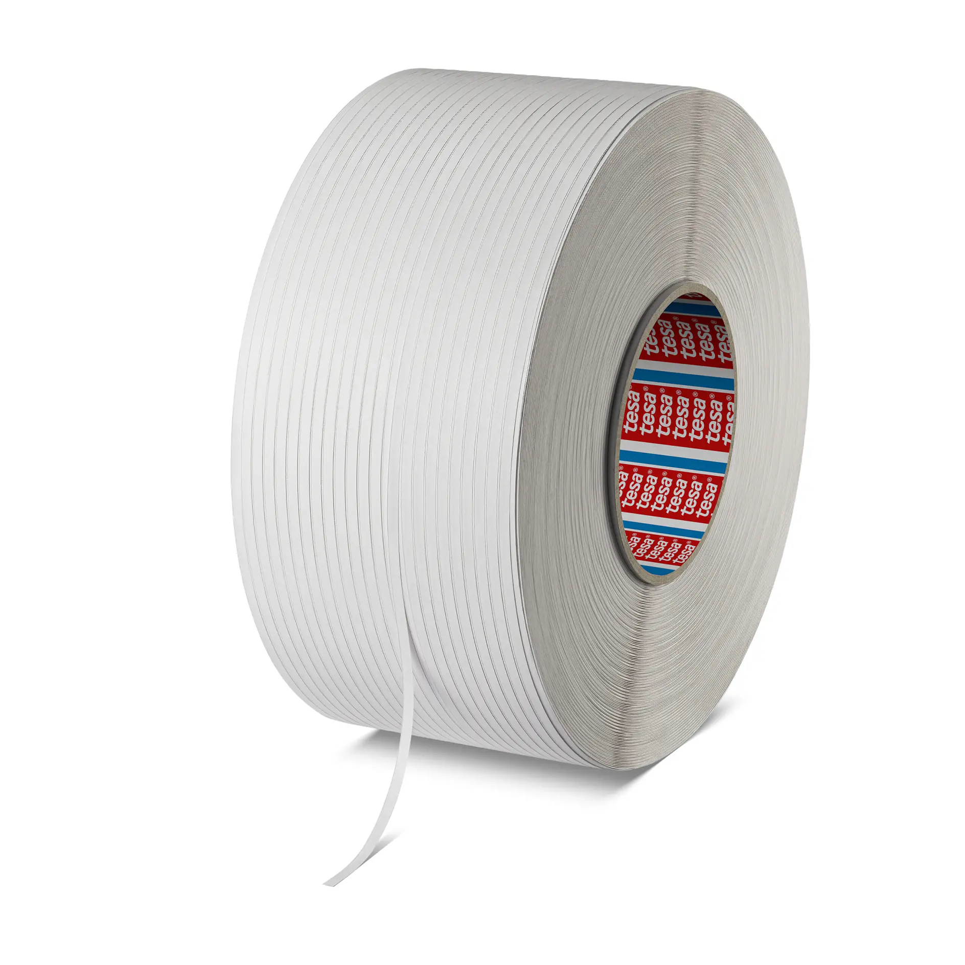 tesa white filament tape roll with textured surface, standing upright on a white background, used for packaging and sealing. (This text has been generated by AI)