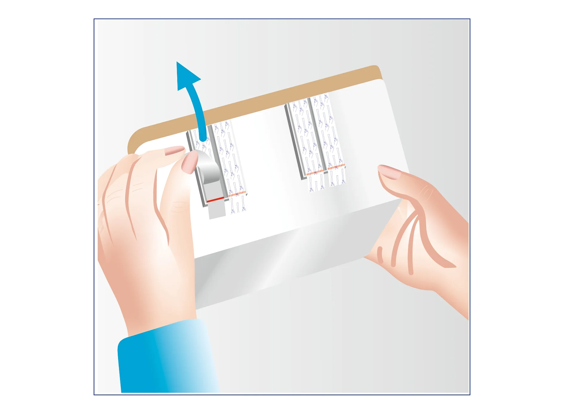 Print Illustration of two hands demonstrating how to remove a strip from a box. One hand holds the box while the other peels a strip upwards, revealing two tesa tape strips beneath. (This text has been generated by AI)