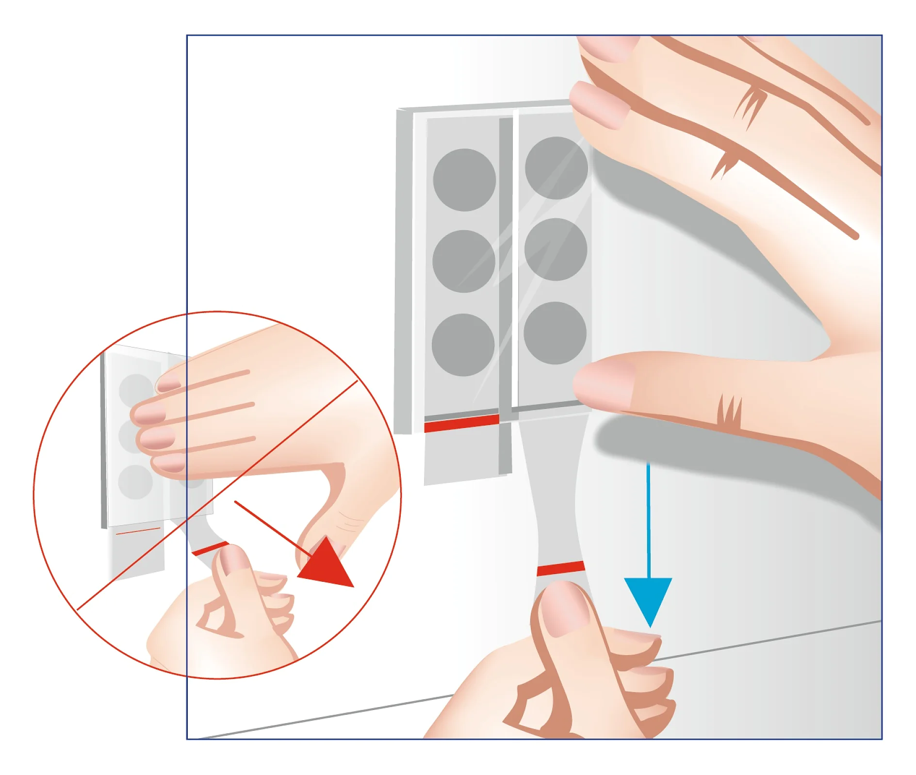 Print Illustration showing hands interacting with a blister pack. One hand holds the pack against a surface, while the other peels back a strip to reveal pills. An inset image with a red arrow shows incorrect peeling technique, contrasting with a blue arrow for correct method. (This text has been generated by AI)