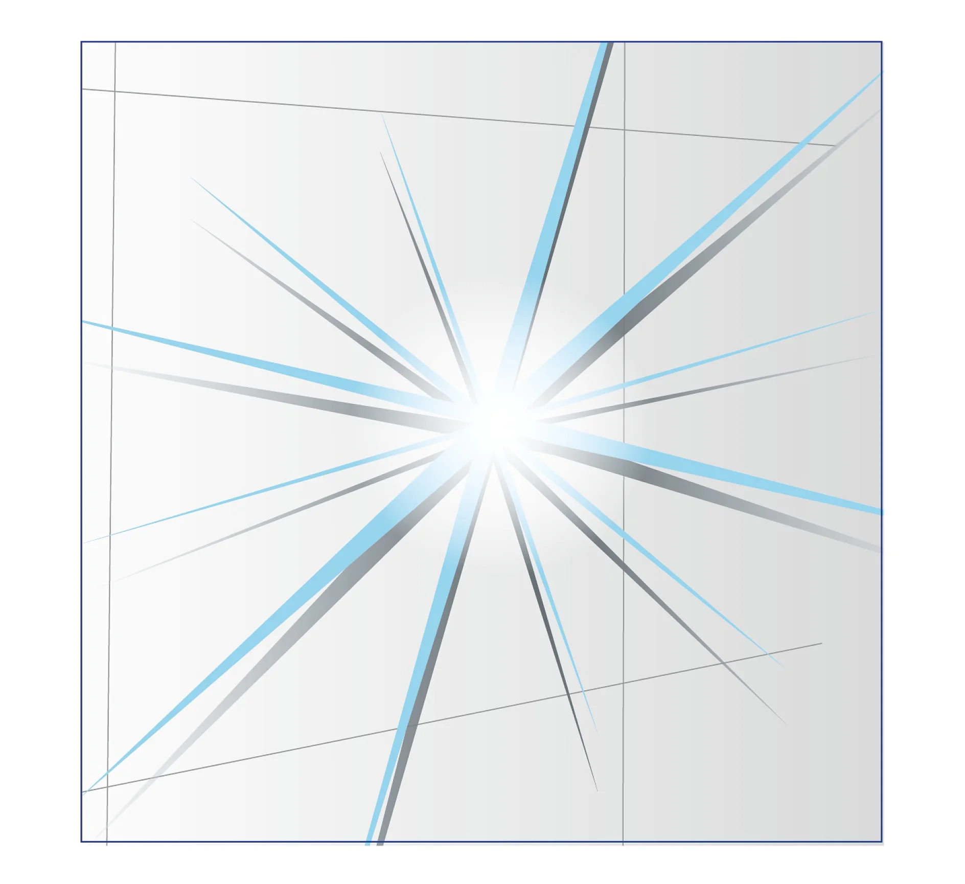 Print Abstract illustration featuring a bright, white starburst in the center with light blue rays extending outward on a gray background. The design creates a symmetrical, geometric pattern with overlapping lines and subtle gradients. (This text has been generated by AI)