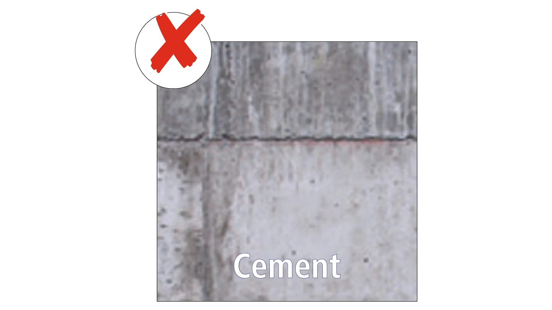 An image showing a close-up of a concrete surface with a red X icon in the top left corner. The word Cement is written at the bottom of the image in white text. (This text has been generated by AI)