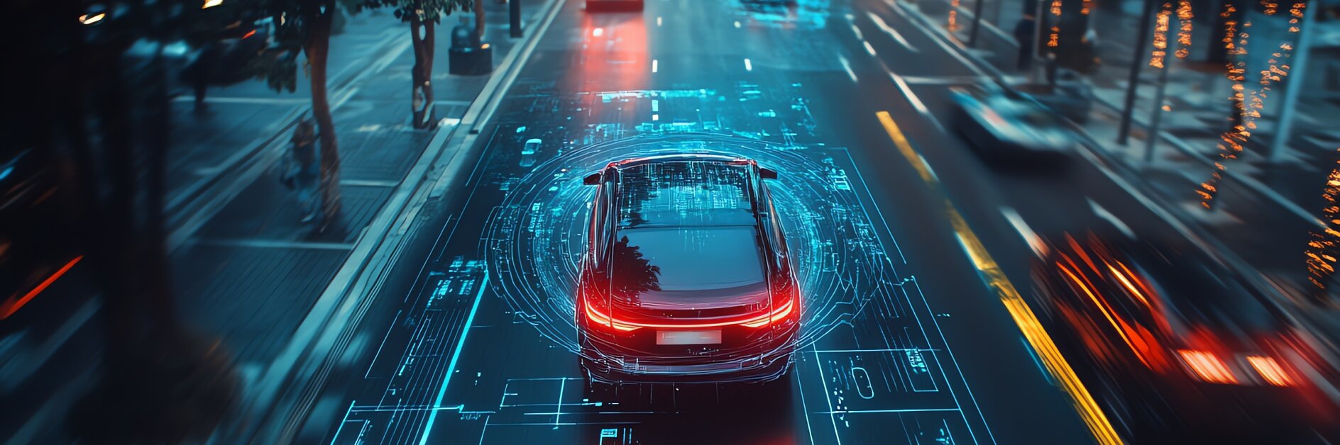 A car is driving on a busy street lined with trees and illuminated by streetlights at night. The image features digital overlays suggesting augmented reality, with glowing lines and data around the vehicle, simulating a high-tech navigation system. (This text has been generated by AI)
