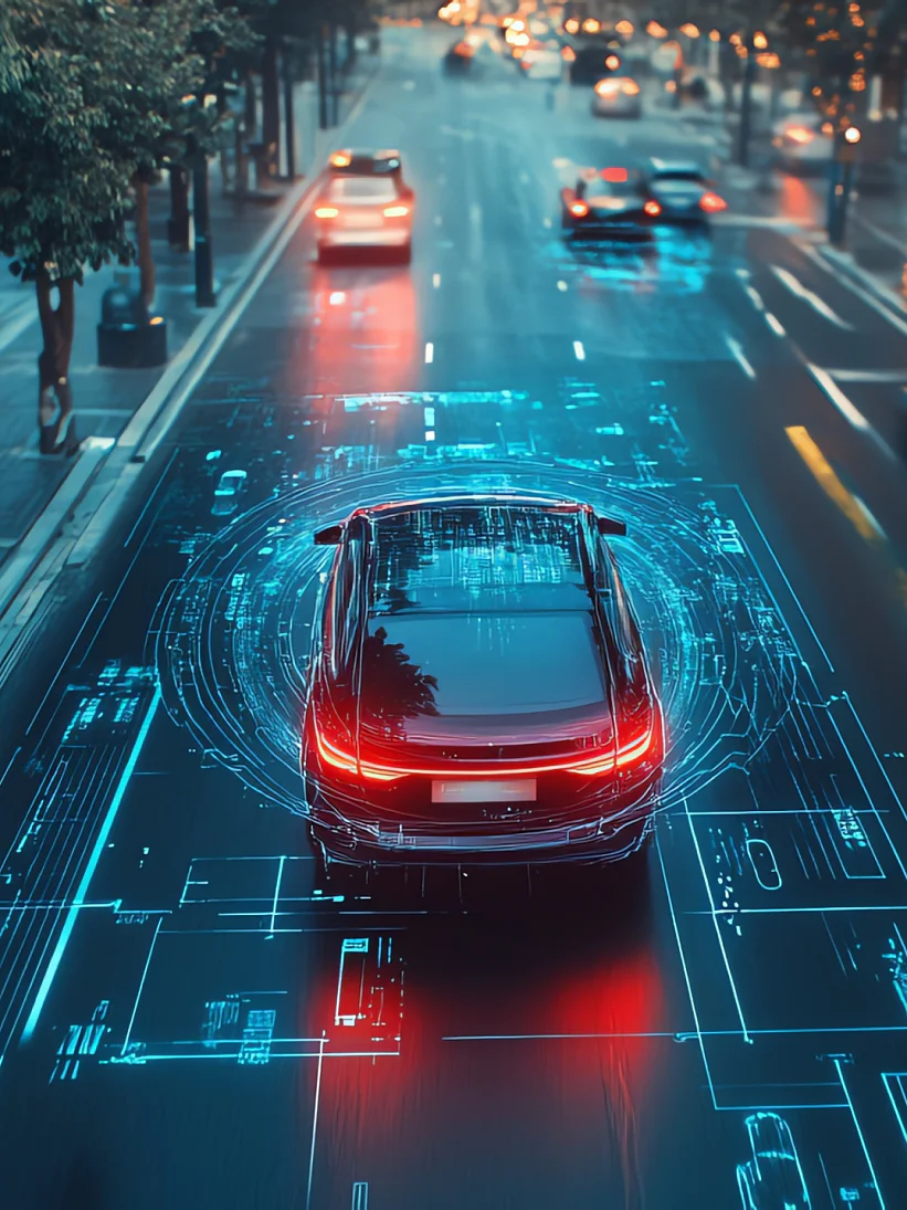 A car is driving on a busy street lined with trees and illuminated by streetlights at night. The image features digital overlays suggesting augmented reality, with glowing lines and data around the vehicle, simulating a high-tech navigation system. (This text has been generated by AI)