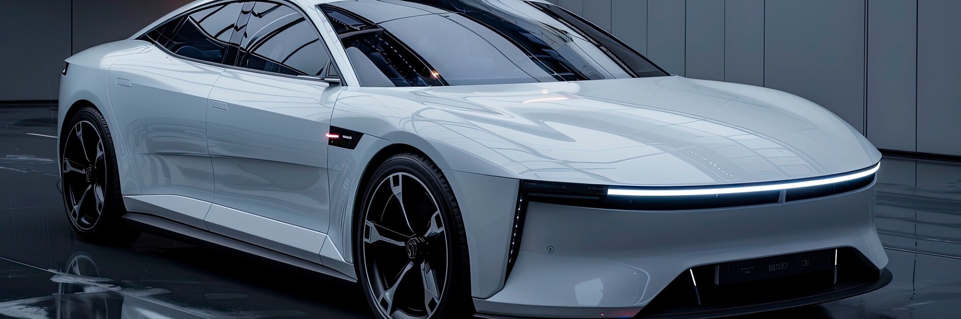 A sleek, modern electric car sits in a dimly lit showroom. The vehicle is white with a streamlined design and aerodynamic curves. It features a continuous LED light strip across the front and large alloy wheels. The surroundings have reflective surfaces, subtly accented by tesa tape used within the display for added finesse and security in arrangement. (This text has been generated by AI)