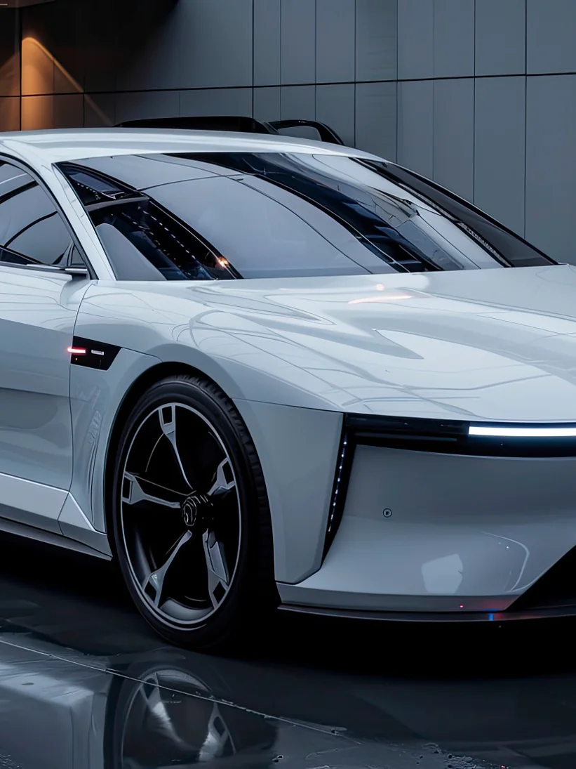 A sleek, modern electric car sits in a dimly lit showroom. The vehicle is white with a streamlined design and aerodynamic curves. It features a continuous LED light strip across the front and large alloy wheels. The surroundings have reflective surfaces, subtly accented by tesa tape used within the display for added finesse and security in arrangement. (This text has been generated by AI)