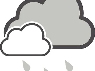 A simple illustration of two overlapping clouds with three raindrops falling from them, created using tesa tape to indicate rainy weather. (This text has been generated by AI)