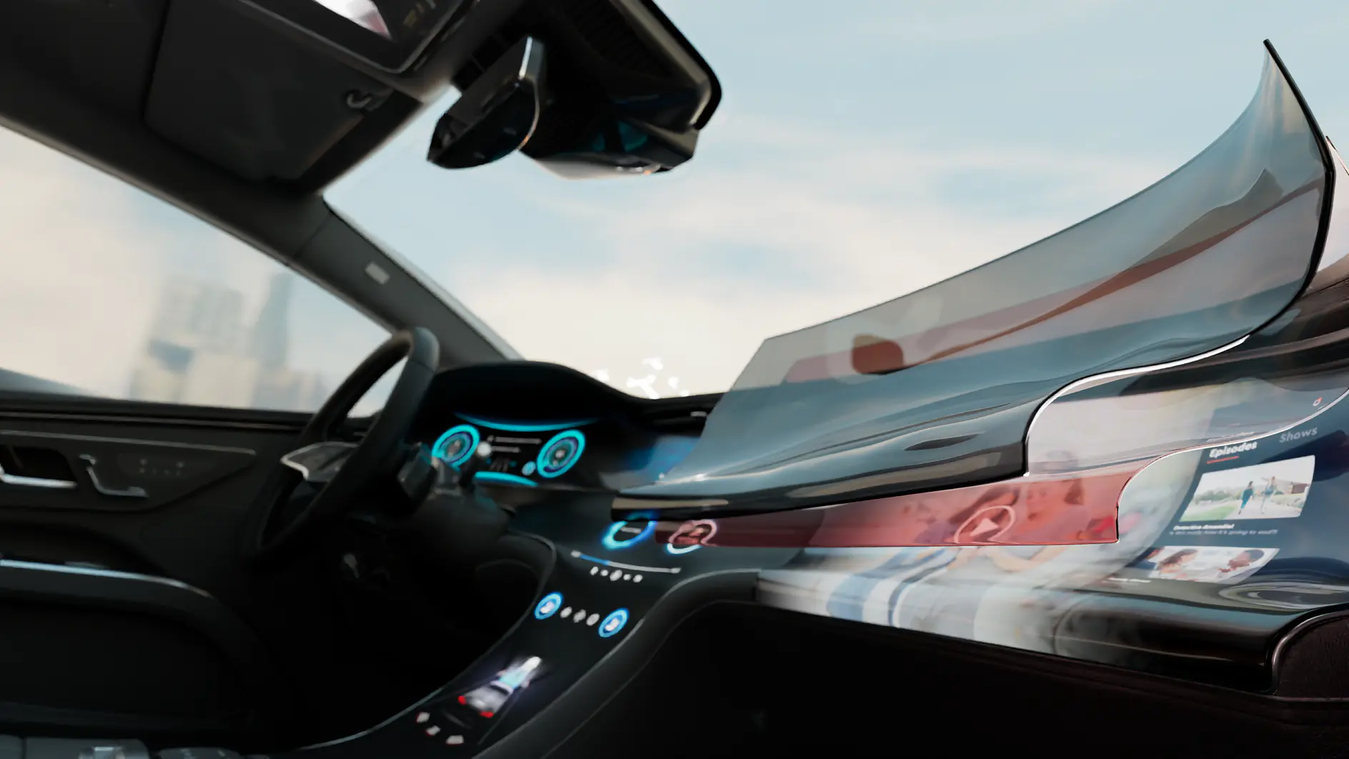 Interior view of a car from the front passenger side looking forward, showing the dashboard with a curved display. The display is illustrated in multiple layered sections to demonstrate how adhesive tape is applied to secure the display in place.
