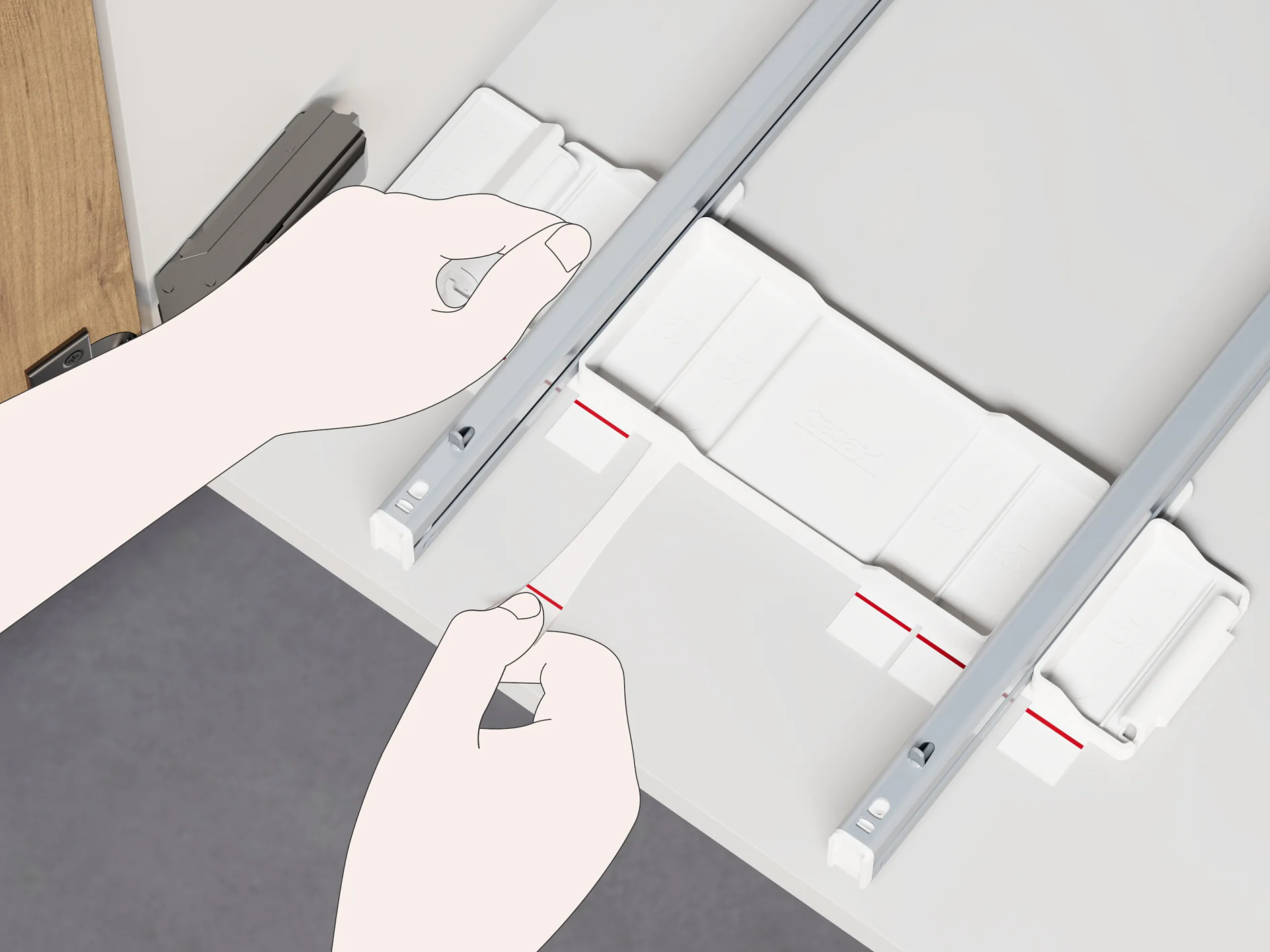 Two hands are using a white tool with red guidelines to align and adjust two parallel metal drawer runners on a white surface. A wooden board is partially visible on the left, and the runners are being secured with tesa tape. (This text has been generated by AI)