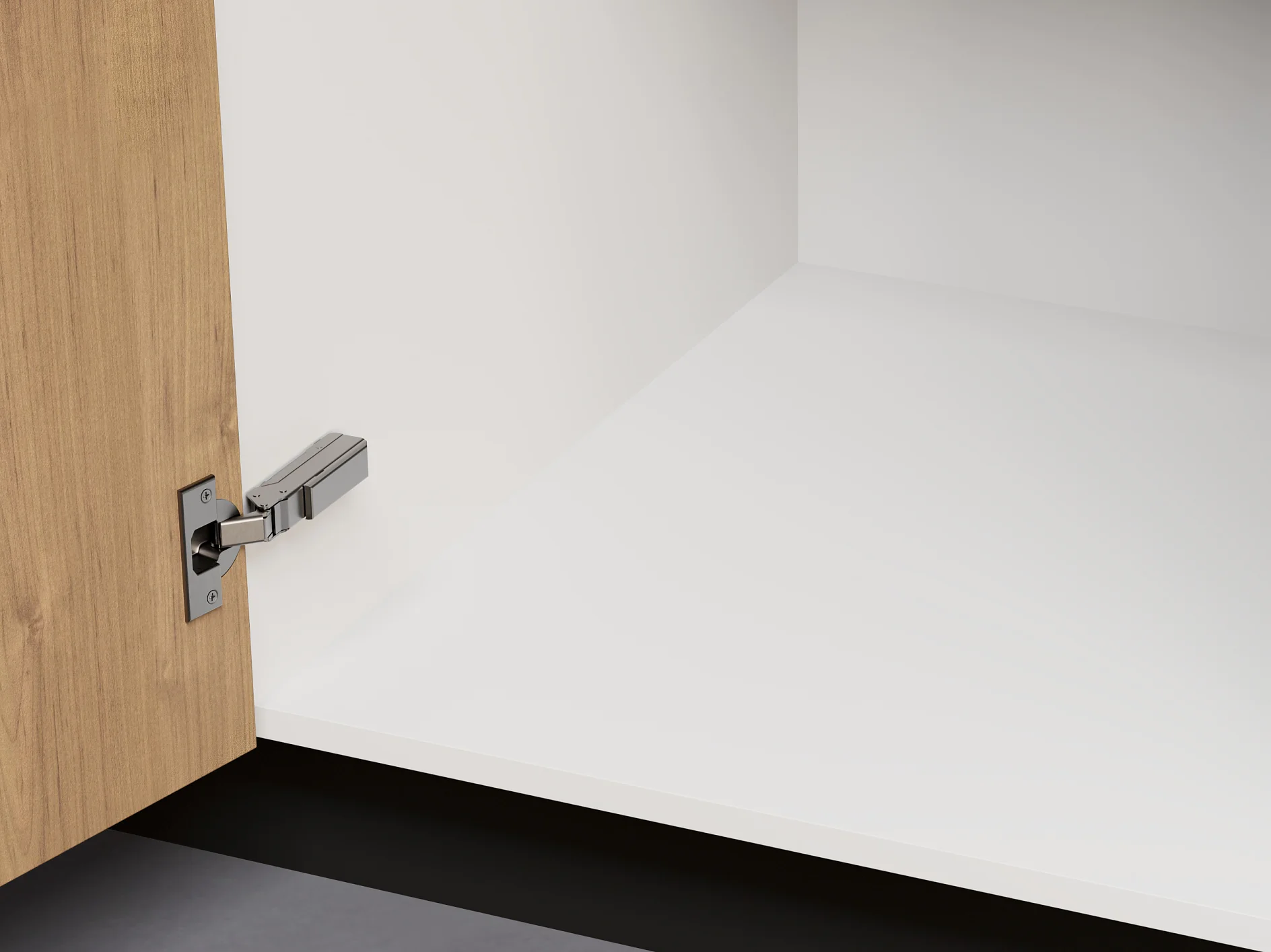 An open wooden cabinet door reveals the white interior, showcasing a silver hinge on the left side. The cabinet is positioned against a gray floor. (This text has been generated by AI)