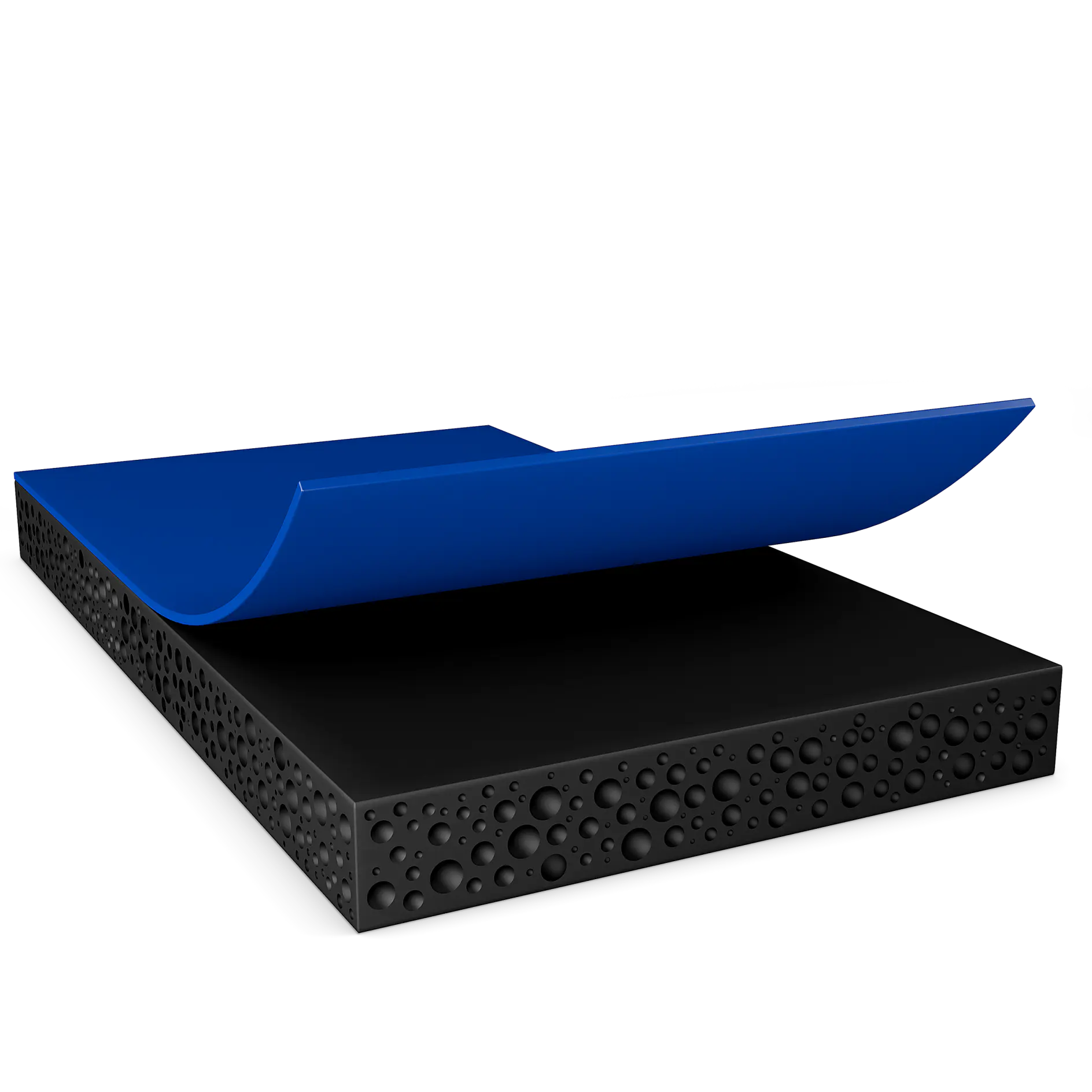 blue tesa adhesive tape partially peeled from black textured foam surface on white background