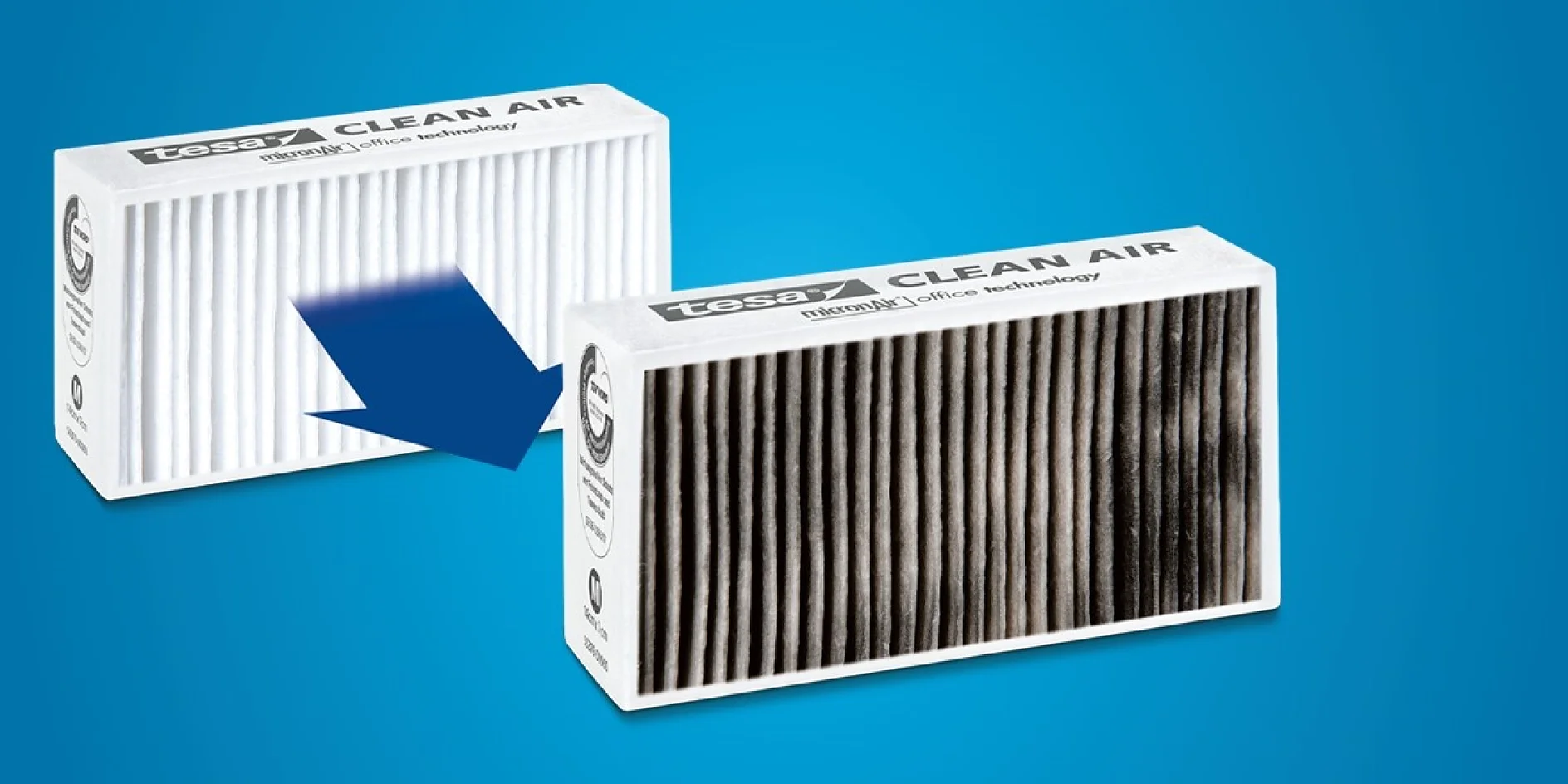 Two air filters are shown against a blue background. The filter on the left is clean and white, while the filter on the right is dirty and dark. An arrow points from the clean filter to the dirty one, indicating a change in condition. All elements are secured with tesa tape. (This text has been generated by AI)