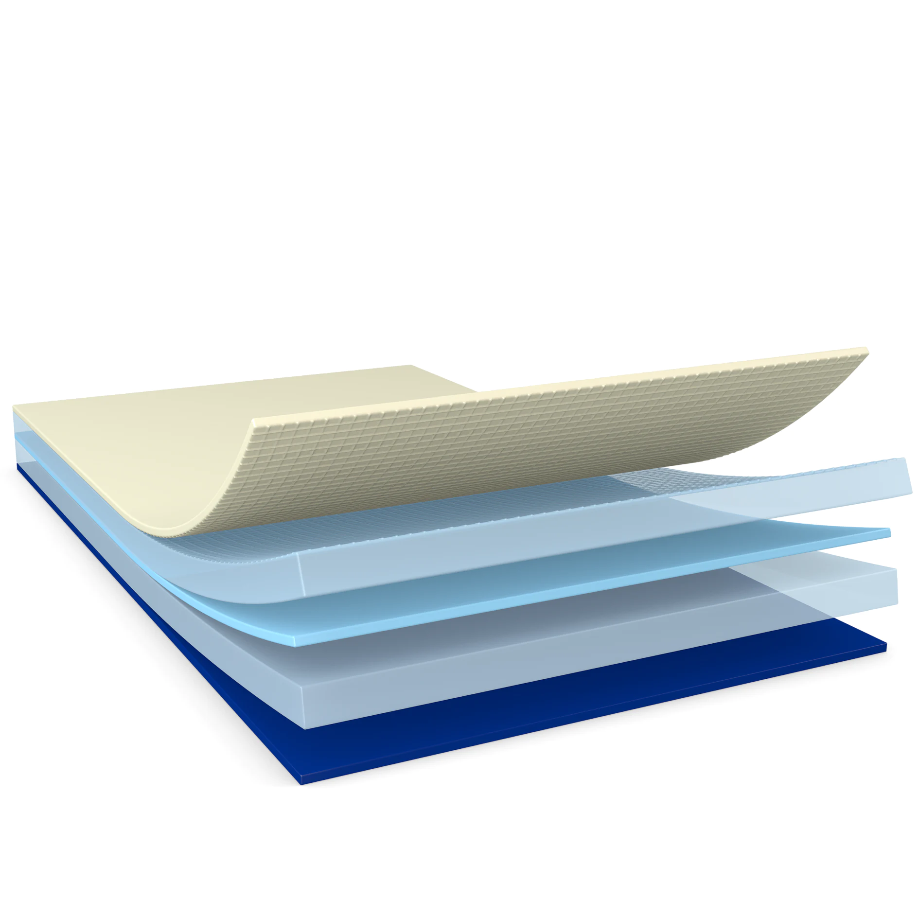 stacked layers of tesa adhesive tape in beige, light blue, and dark blue, shown separated to illustrate composition (This text has been generated by AI)