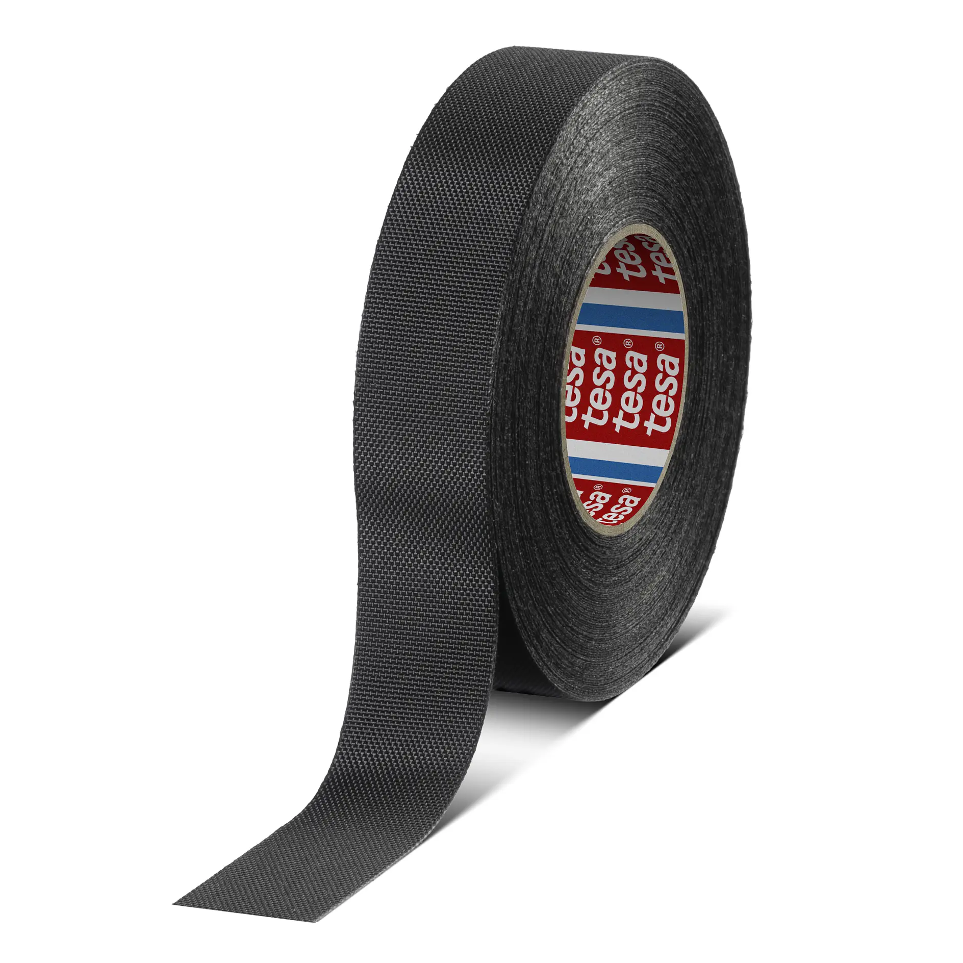 Roll of black tesa adhesive tape with a partially unrolled strip, displayed on a white background. (This text has been generated by AI)