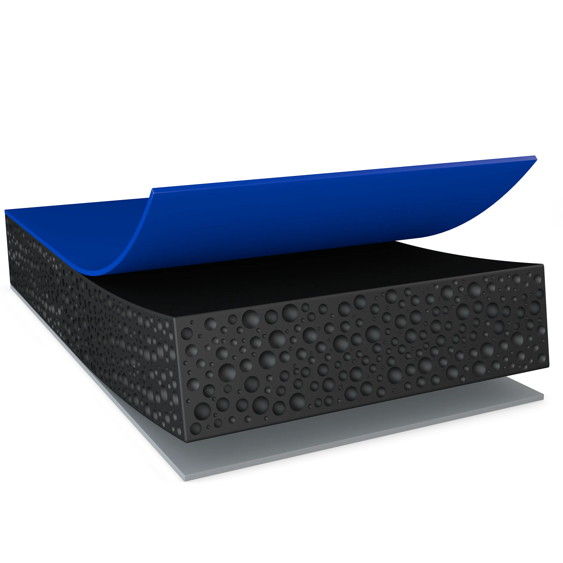 A 3D illustration of a layered material, showing a top blue sheet of tesa tape, a middle black layer with bubble-like texture, and a flat gray base underneath. The top layer of tesa tape is partially peeled back. (This text has been generated by AI)