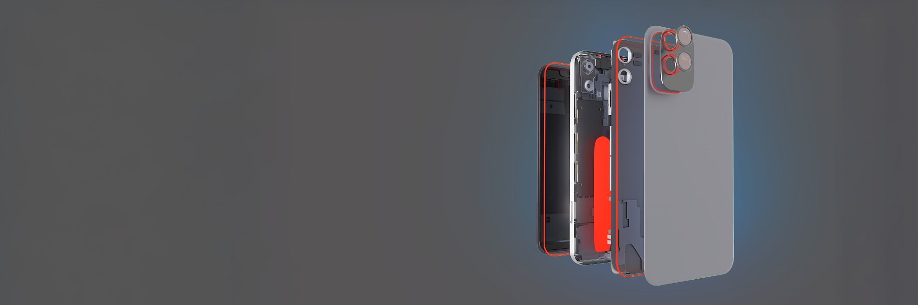 An exploded view of a smartphone showing separated internal components—such as the casing, battery, camera modules, and circuit board—against a gray background. tesa tape is visible securing various parts within the assembly. (This text has been generated by AI)