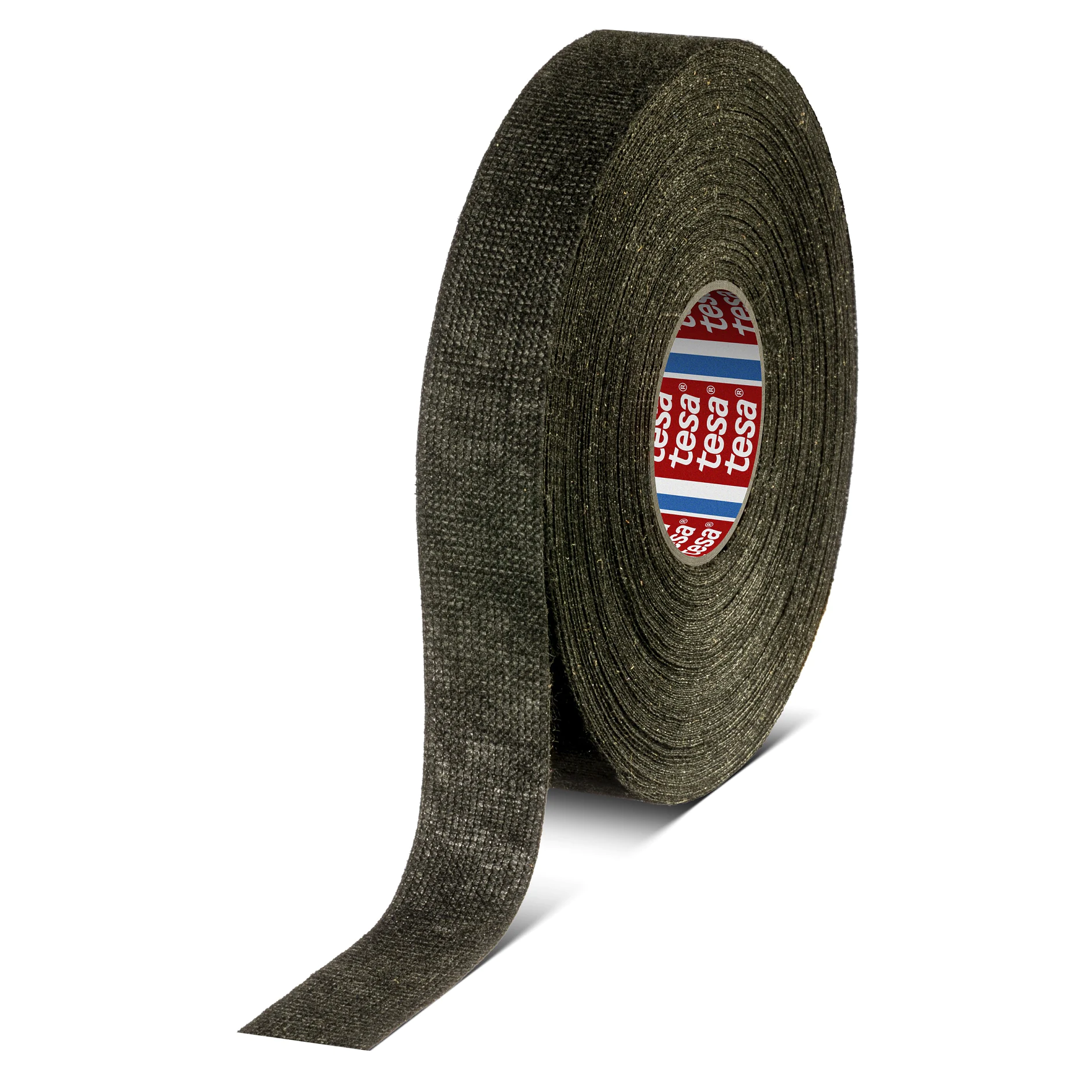 a roll of black fabric tape with a red and blue logo on the inner core. (This text has been generated by AI)