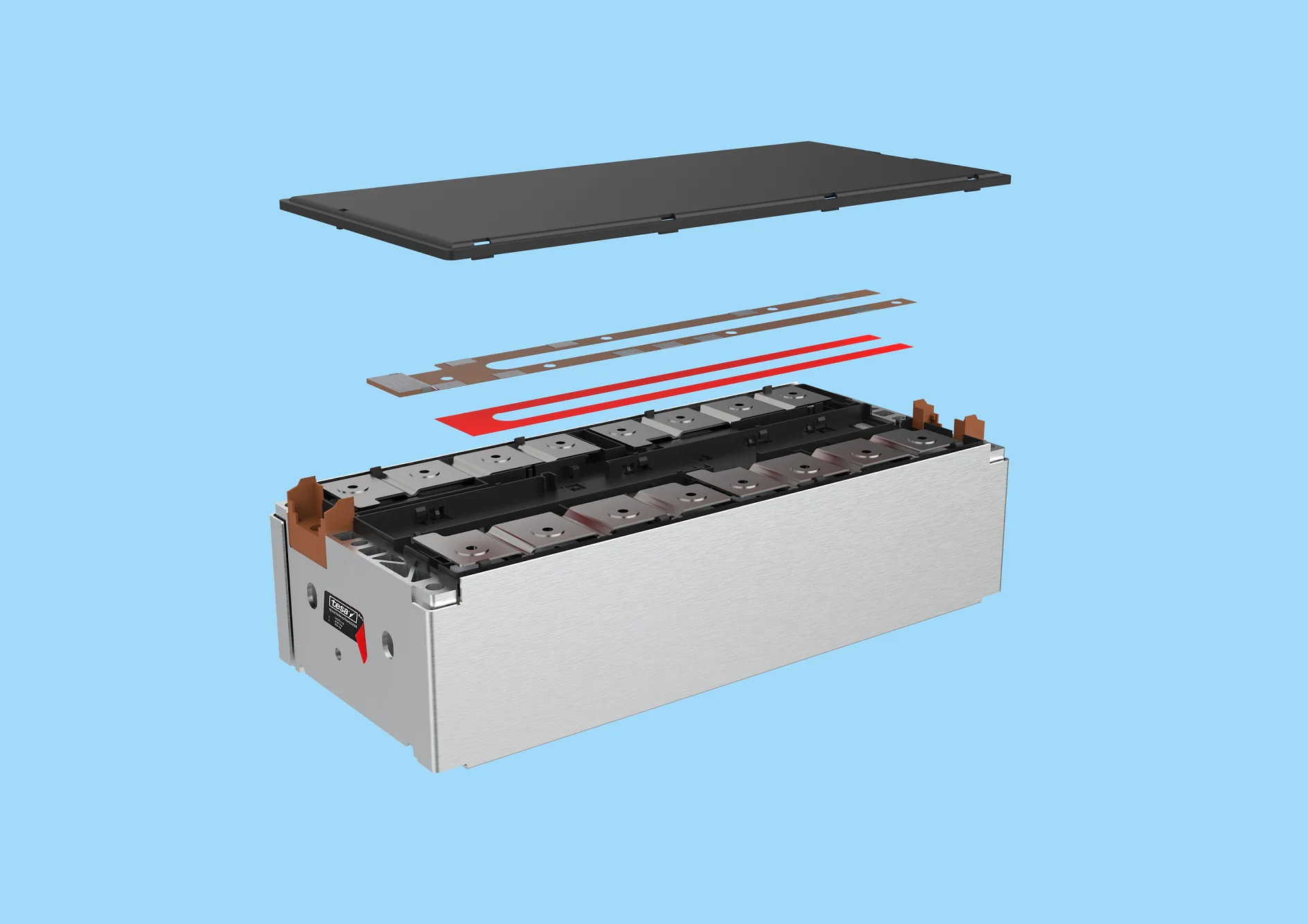 A rectangular metal battery pack with internal cells is shown, accompanied by separated components above it, including two flat plates and a red strip of tesa tape, all against a light blue background. (This text has been generated by AI)