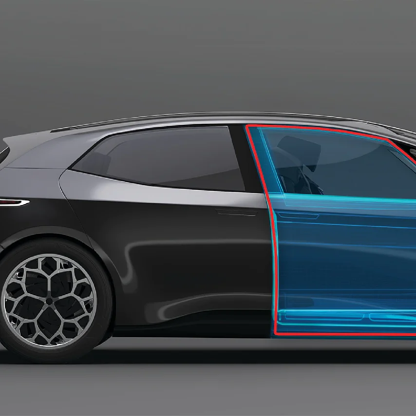 A side view of a black hatchback car on a gray background with a transparent overlay highlighting the front and rear passenger side doors in blue and red lines, indicating the areas where tesa tape is applied. (This text has been generated by AI)